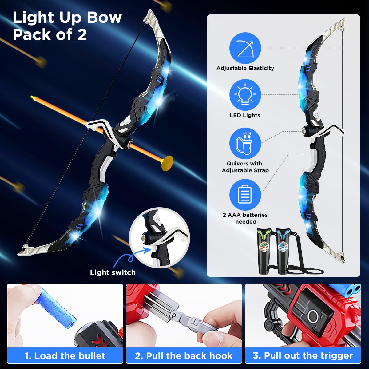 VATOS 2 Pack Archery Set for 5-11 Year Old Boys & Girls, Light Up Bow & Arrow Toy with Cup Suction Target & 29 IN Dart Board, Indoor/Outdoor Activity