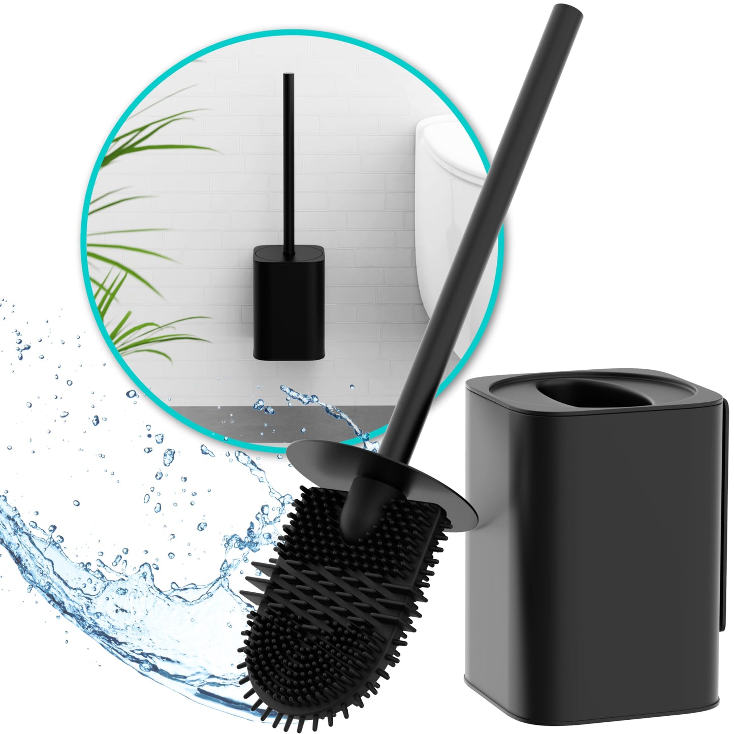 Hovea - Hanging Toilet Brush Kit - Flat Silicone Brush & Metal Case - Matte Black - No Drilling - Wall Mounted with Sticker or Screws - Toilet Brush