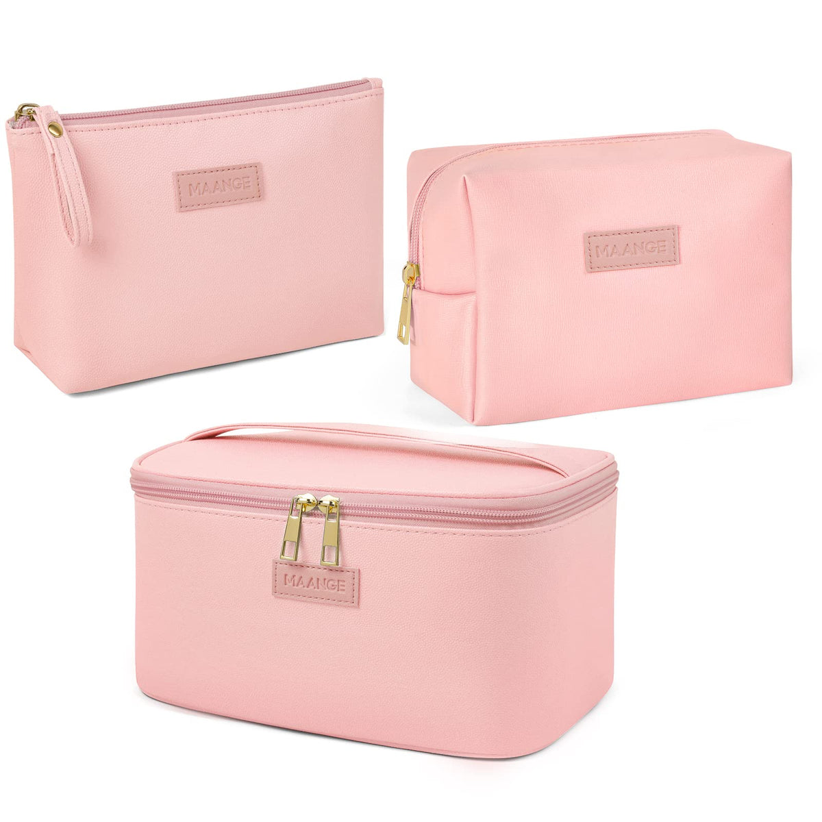 3 Pcs Makeup Bag(L+M+S) MAANGE Travel Makeup Bag with Brush Compartment Waterproof Cosmetic Bag PU Leather Portable Makeup Organizer Bag for Women,