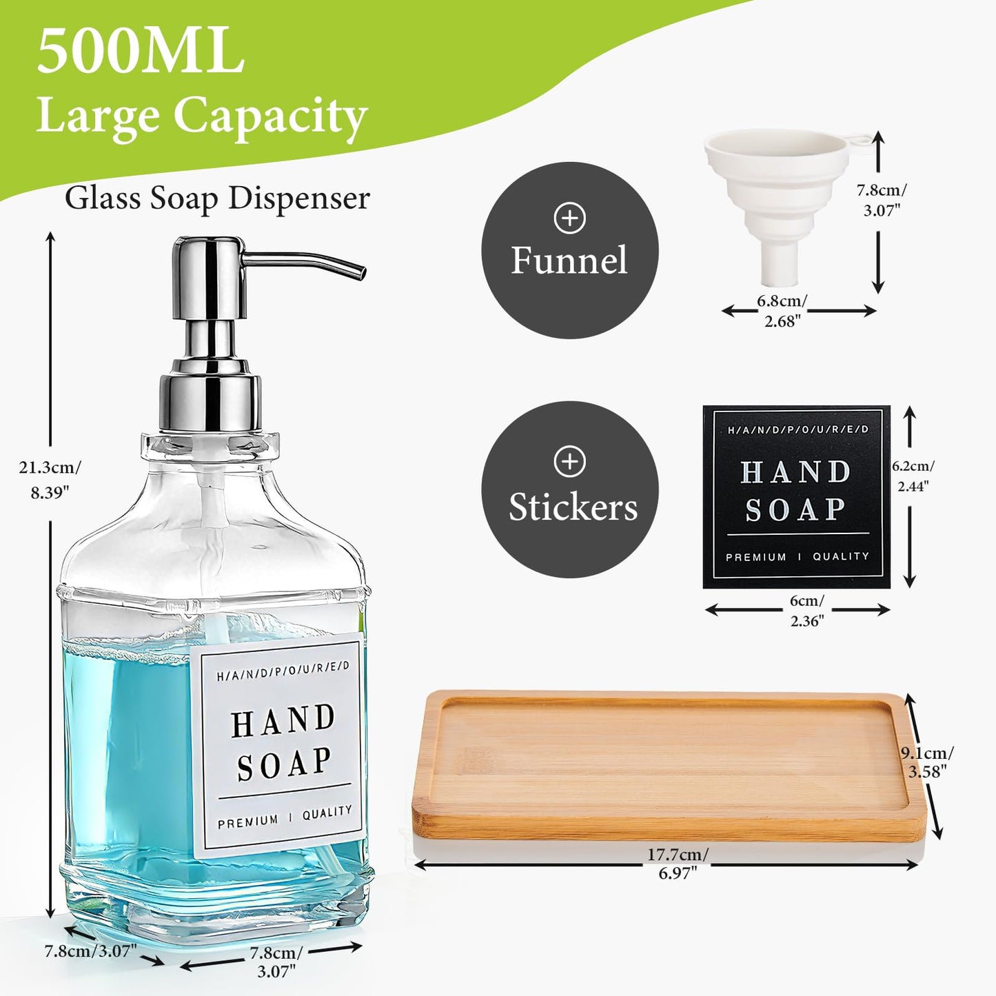 Pollock 2 Pcs 500ml Glass Soap Dispenser with 304 Stainless Steel Pump, Rustproof, Hand and Dish Soap Dispenser, with Labels and Tray, for Bathroom