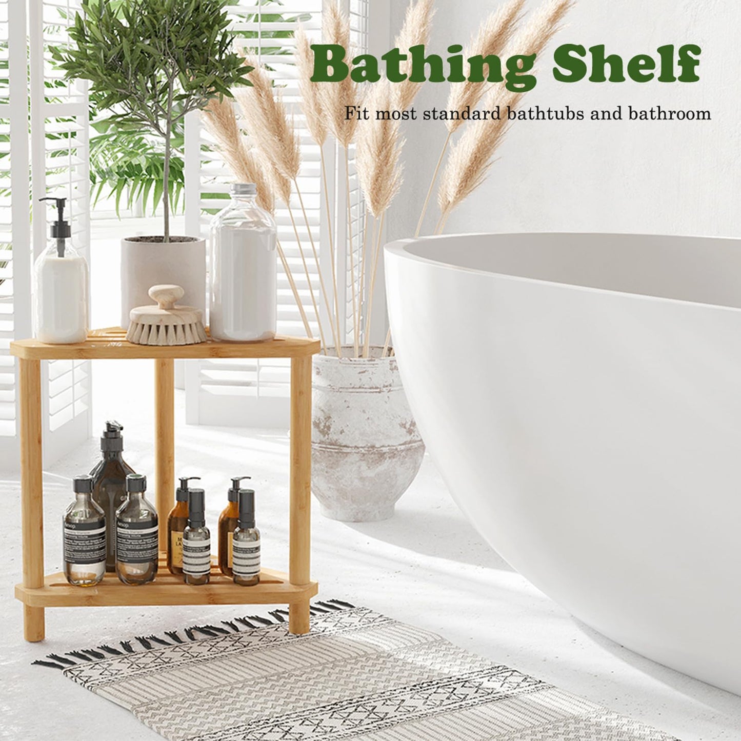 Bamboo Corner Shower Stool,2-Tier Waterproof Shower Stool for Inside Shower Shaving Leg,Small Spaces,Shower Foot Rest with Storage Shelf,Shower