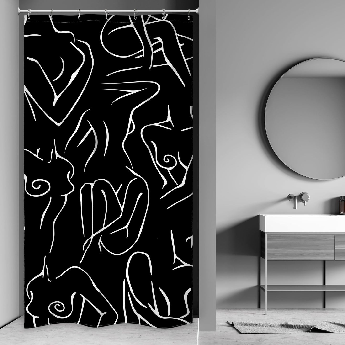 Riyidecor Small Stall Abstract Woman Shower Curtain for Bathroom Decor 36Wx72H Minimalist Modern Black White Art Line Aesthetic Simple Girl Art