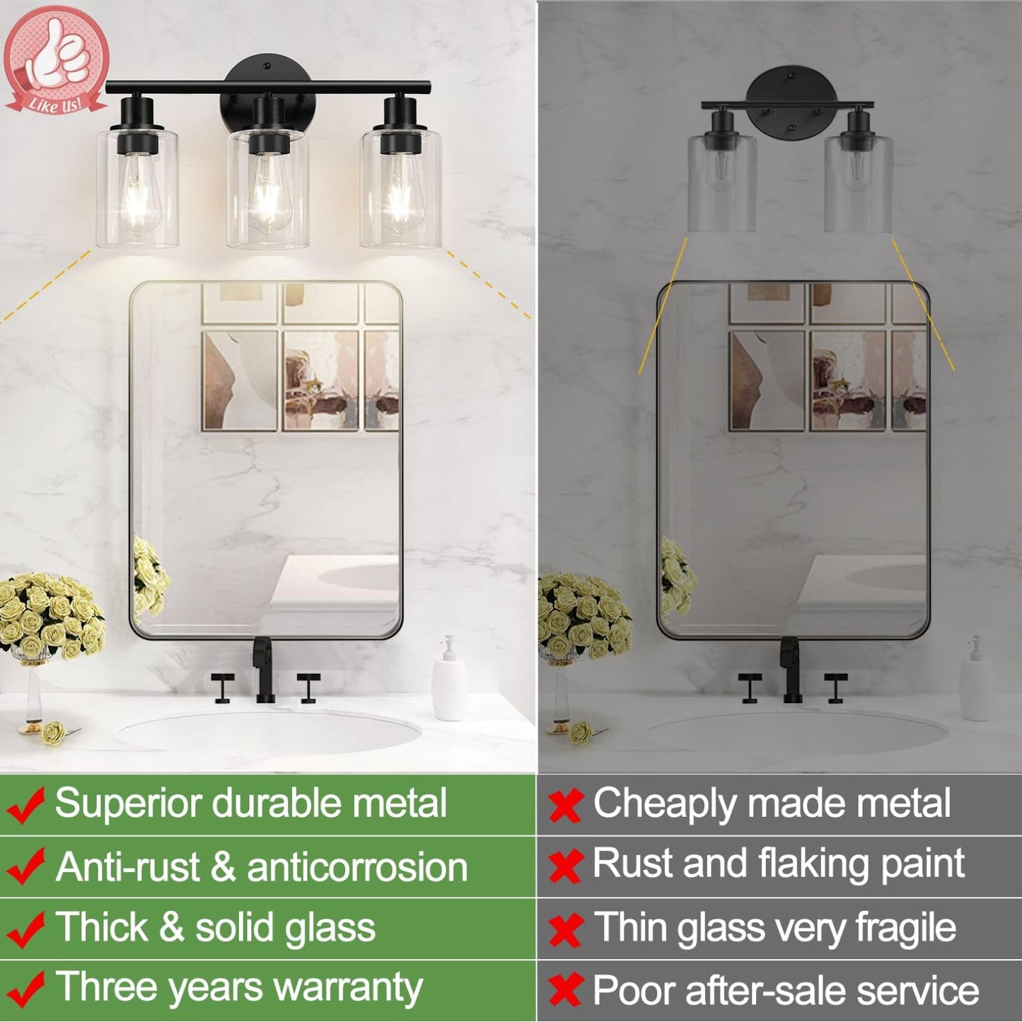 ZASTION 3-Light Bathroom Light Fixtures, Black Bathroom Wall Lights, Modern Bathroom Vanity Light with Clear Glass Shade, Bathroom Wall Lamp for