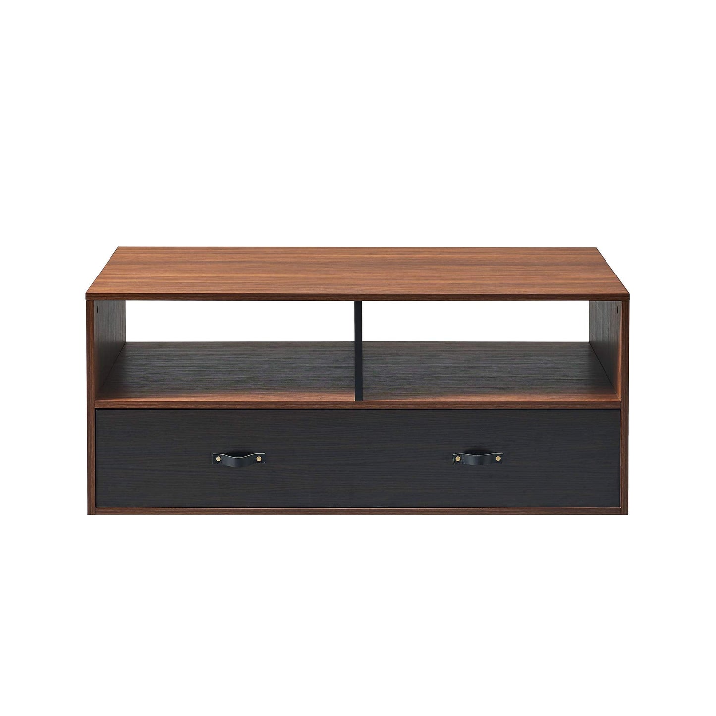 Teamson Home Modern Wooden Rectangular Coffee Table with Drawers and Storage with Leather Handle, Multi Function Coffee Table or TV Stand, Brown/Black