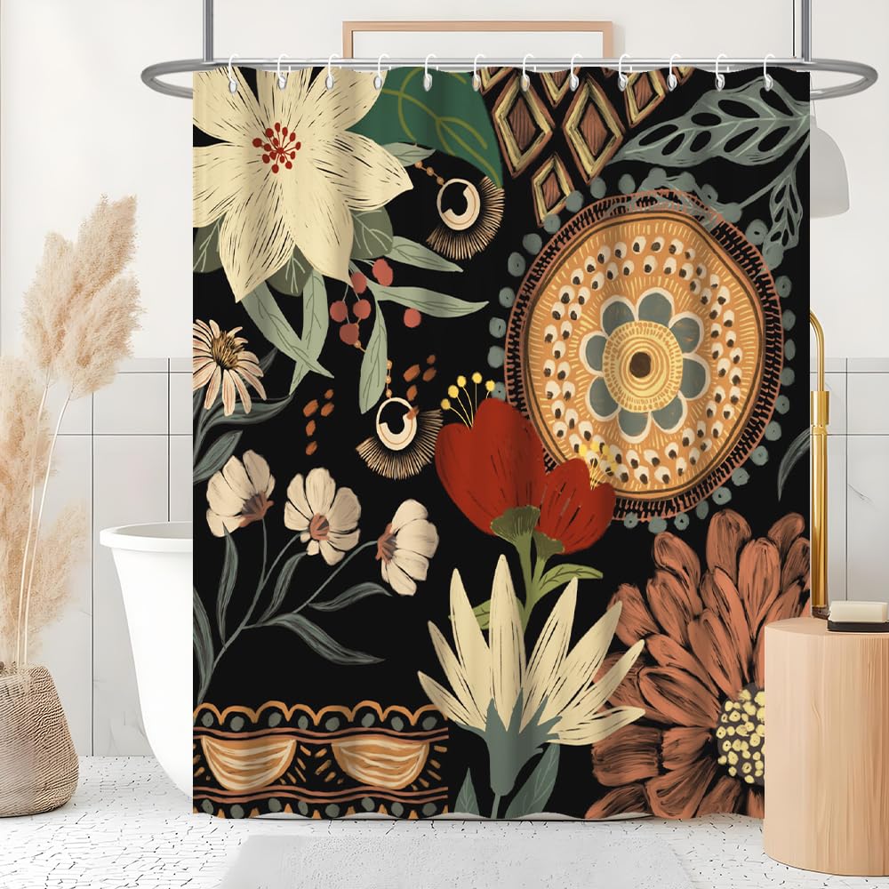 Uiiooazy Shower Curtain Boho Abstract Shower Curtain Flowers Colourful Vintage Shower Curtains Anti Mould Waterproof Polyester Fabric Washable Opaque