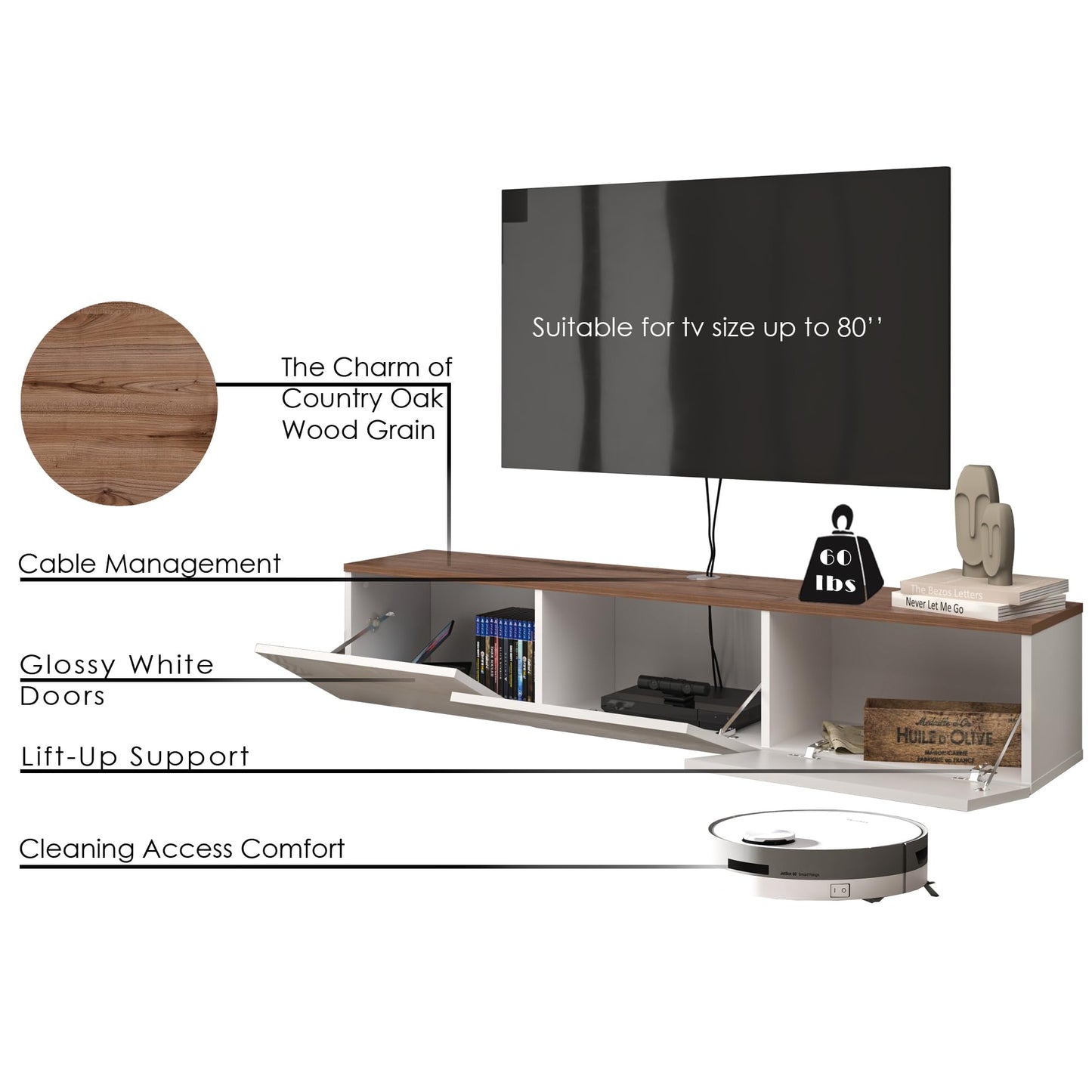 ATELIER MOBILI Floating TV Stand, Modern White TV Console, 63 Inch, Living Room Entertainment Center