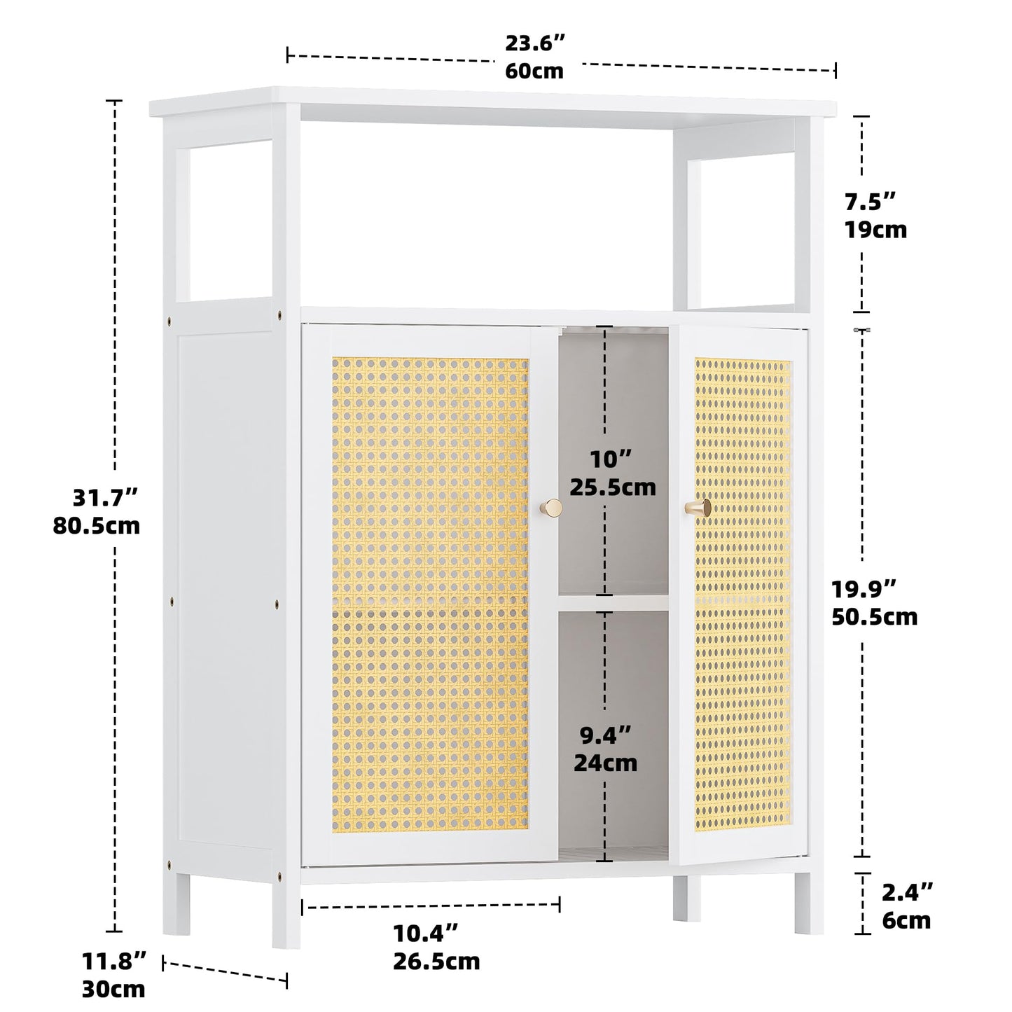 HITNET Bamboo Cabinet, Bathroom Storage Cabinet with Rattan Doors, Freestanding Floor Cupboard for Living Room, Hallway, Entryway, White
