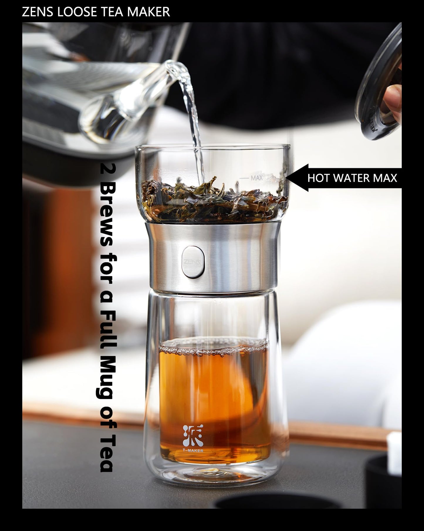 ZENS Modern Solo Tea Infuser Teapot, Smart One Touch Drip Tea Pot for Loose Tea Diffusers, Small Glass Gongfu Magic Teapot with 270ml Insulated Cup
