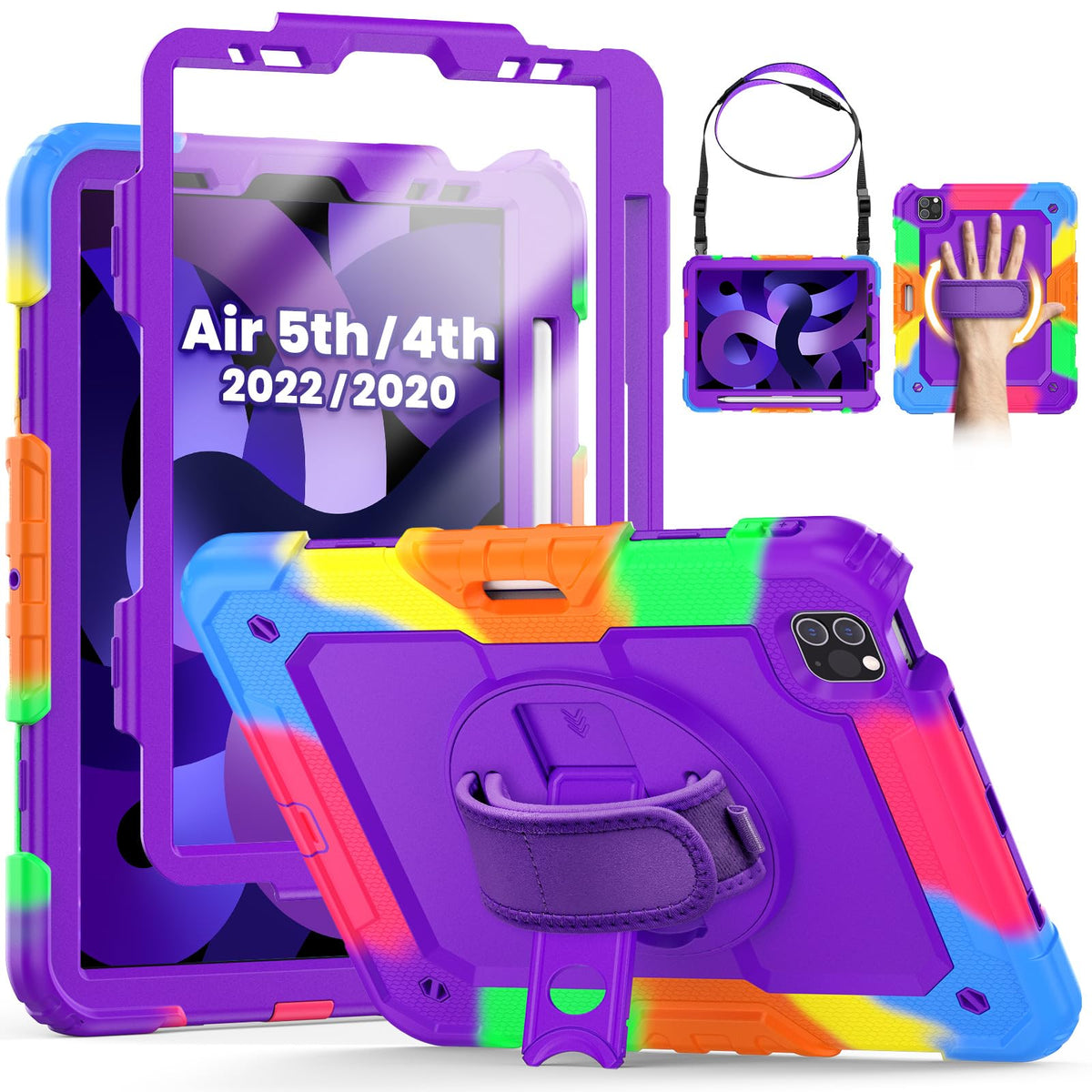 SEYMCY Kids Case for iPad Air 5th/4th Generation 10.9 inch 2022/2020, Full-body Shockproof with Screen Protector, 360? Rotating Stand & Hand Strap,