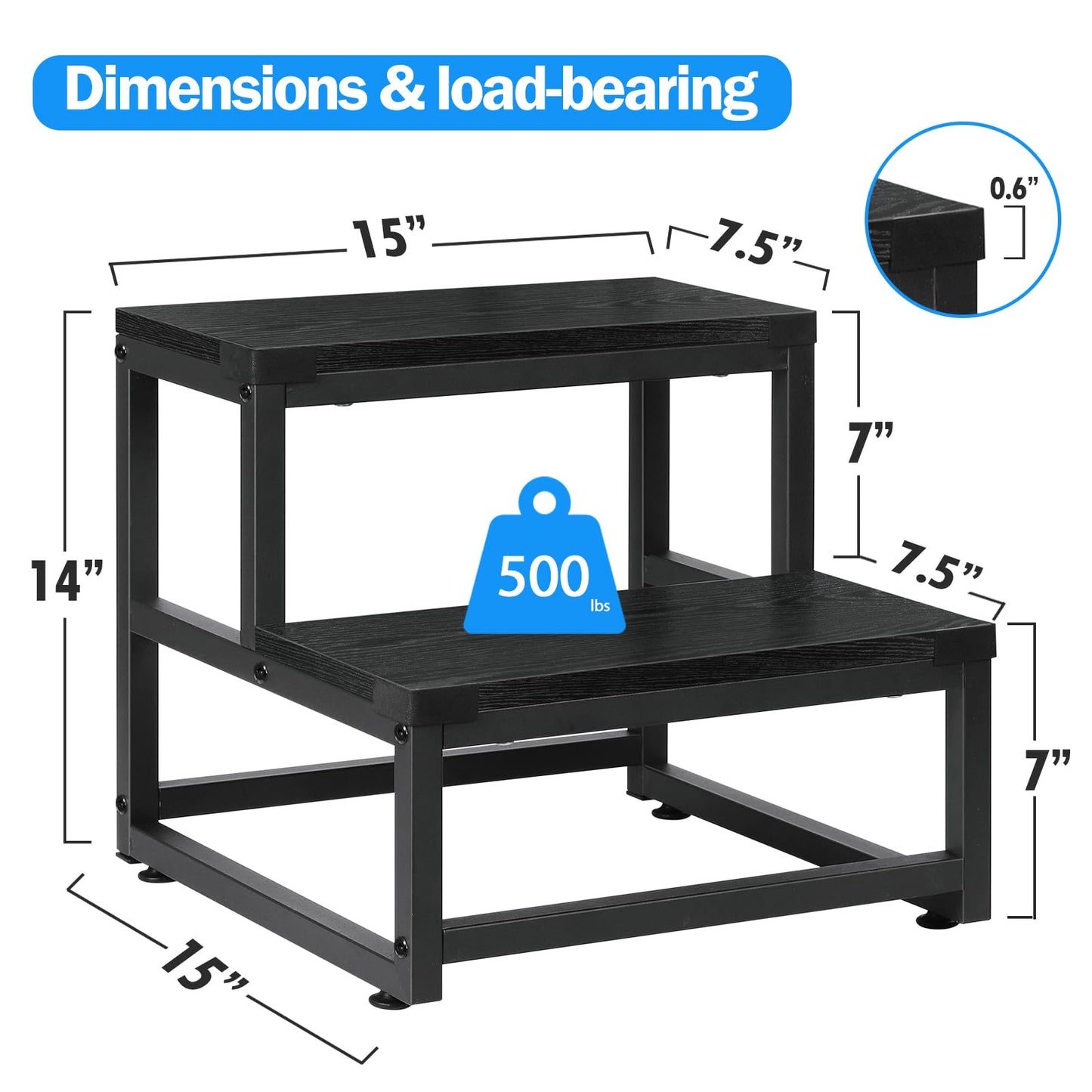LIANTRAL Step Stool for Adults and Kids, 2 Step Stool, Heavy Duty Steel and Sturdy Wooden Stool, Load Capacity up to 200 kg, Foot Stool for Bed,