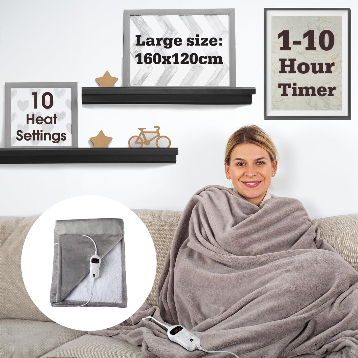 Sensio Home Luxury Heated Throw Fast Heat Up Electric Blanket, Warm Cosy Flannel Fleece, 10 Heat Settings, Timer and Overheat Protection, Machine