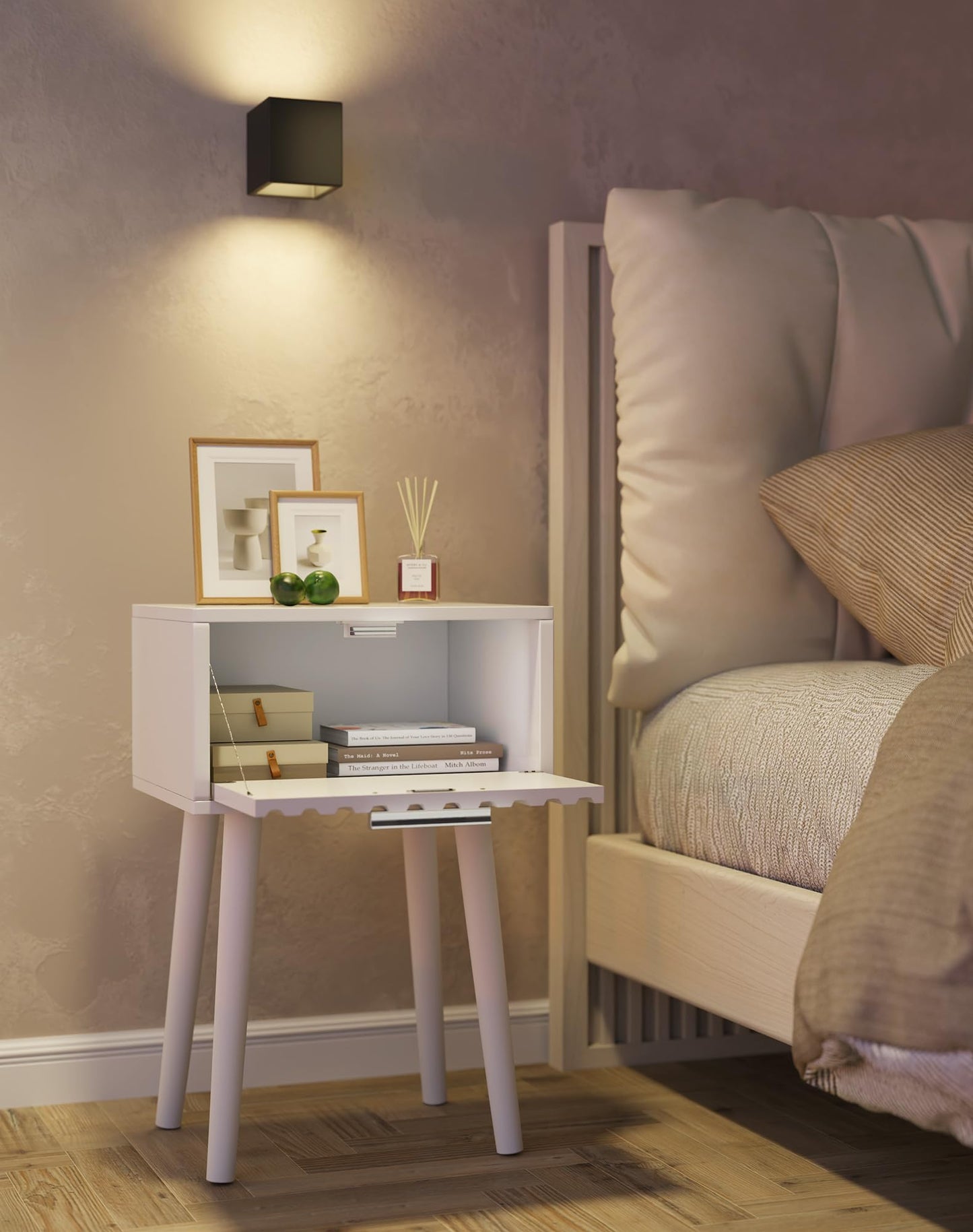 YMYNY Fluted Nightstand Set of 2, Small End Table, Modern Coffee Table with Drawer, Solid Wood Legs, Retaining Chain, 35x27x53cm