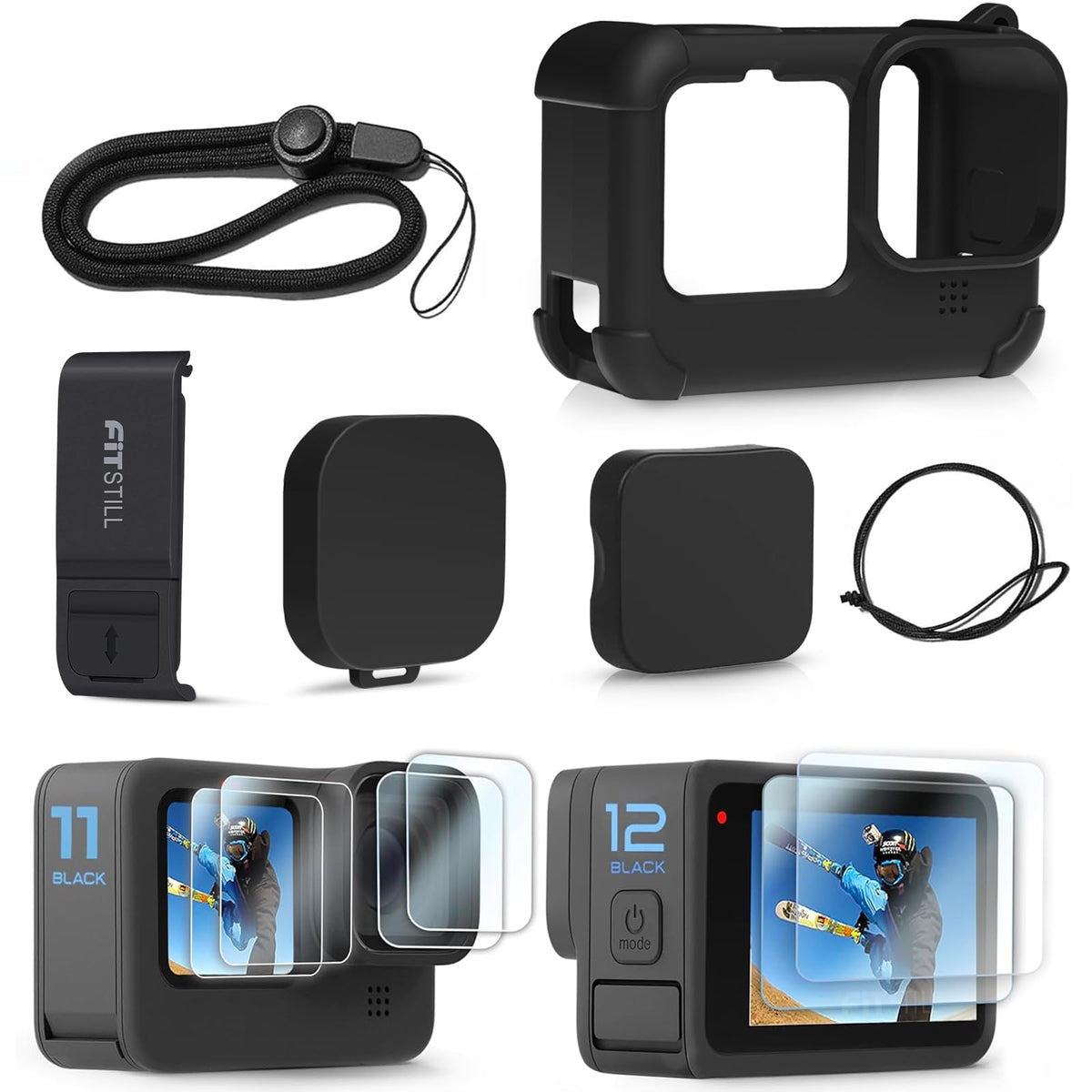 FitStill Silicone Protective Case Set for Go Pro Hero12 /Hero11 /Hero 10 /Hero 9 Black, Battery Side Cover + Lens Cover + Screen Protector + Lanyard