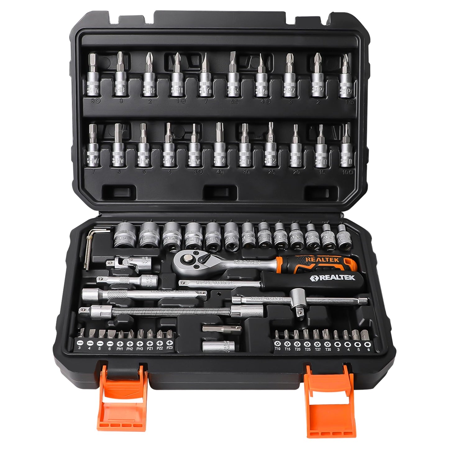 REALTEK 66 Piece 1/4 Inch Drive Socket Set, Ratchet Wrench Set with Bit Socket Set, 72 Teeth Quick Release Reversible Ratchet Set with Flexible