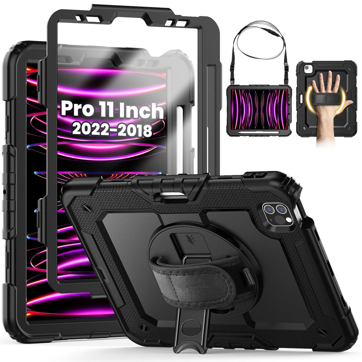 SEYMCY Case for iPad Pro 11 Inch 2022/2021/2020/2018 (NOT Fit 2024 Released Version), Full-body Shockproof with Rotating Stand & Hand Strap, Screen