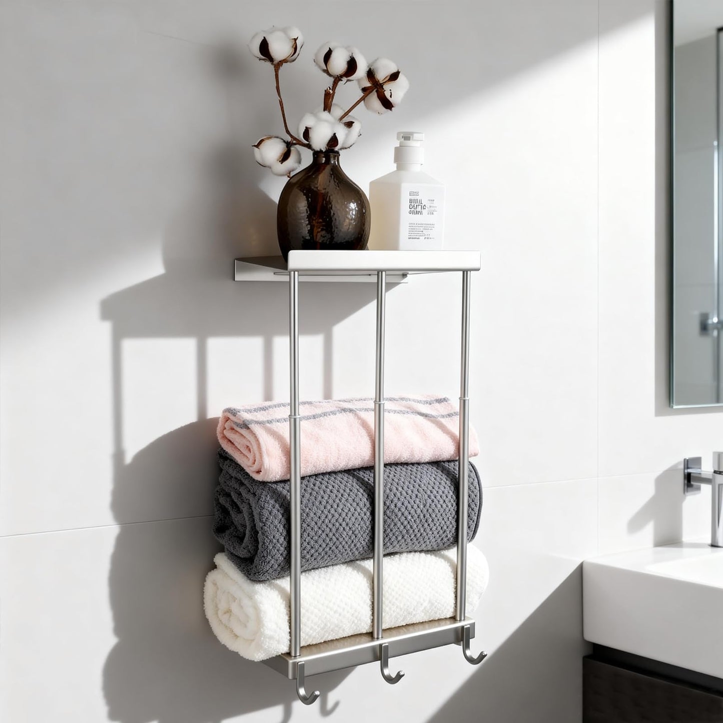 Womamny Towel Rail Wall Mounted, Towel Holders for Bathroom, Telescopic Towel Rack 37-65 cm with Bathroom Shelf and 3 Towel Hooks, Stainless Steel