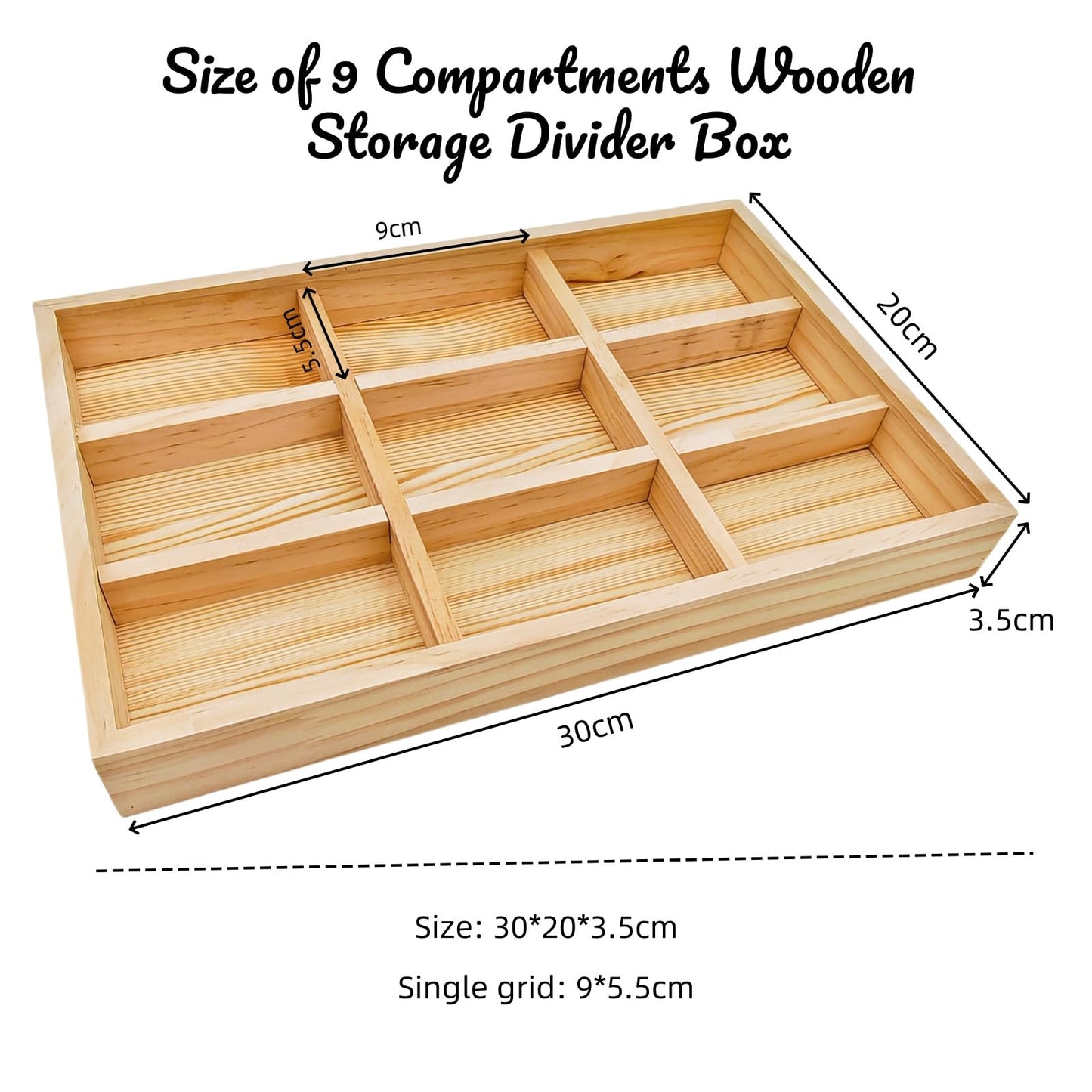 Anktily Unfinished Wooden Storage Divider Box with 9 Compartments, Showcase Display Box,Underwear Storage Case, Wood Display Tray for Jewellery