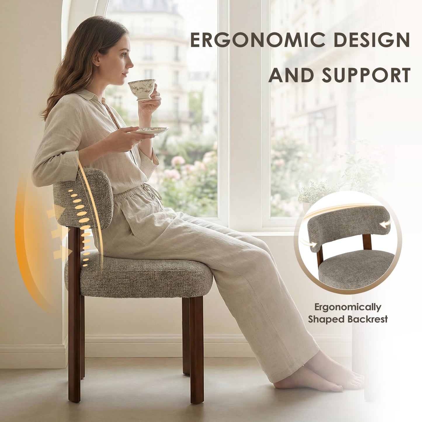 COLAMY Wooden Dining Chairs Set of 4, Fabric Chairs for Dining Room with Open Curved Backrest and Thick Seat Cushion
