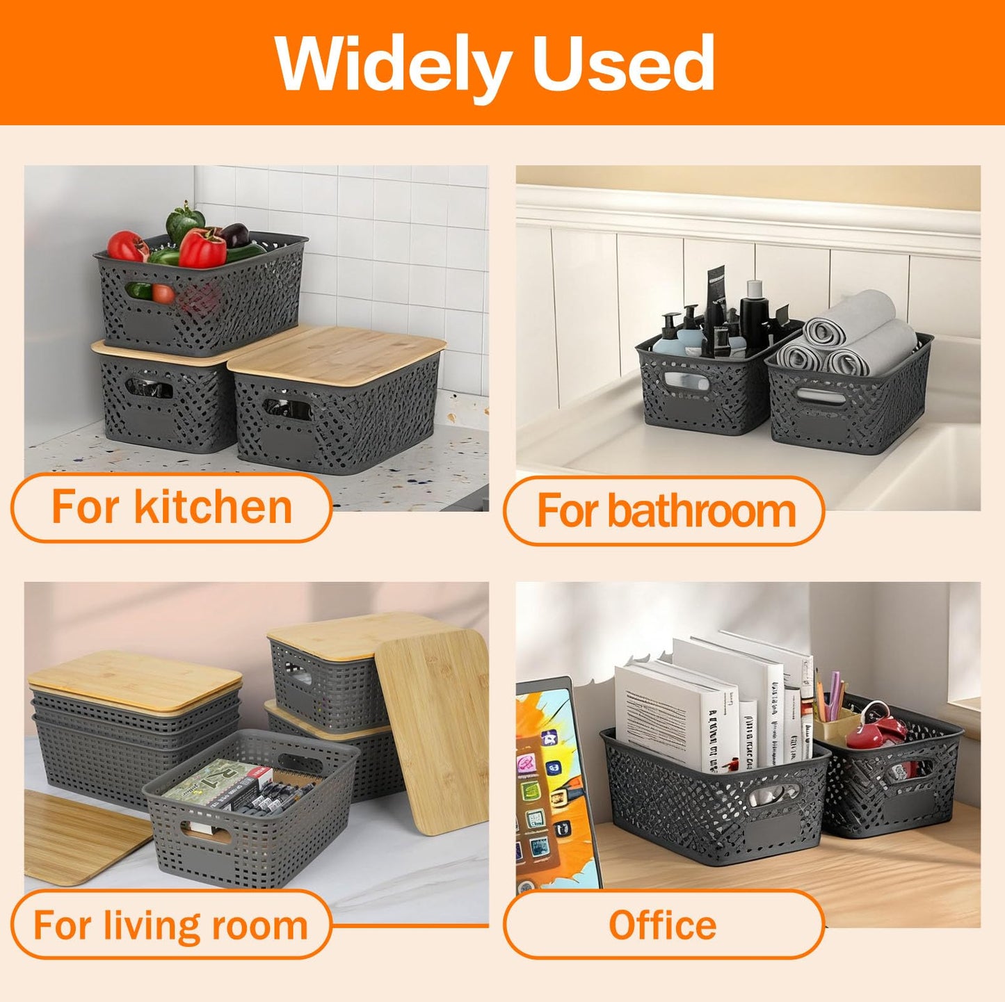6 Pack Stackable Plastic Storage Boxes with Bamboo Lids & Handles, Ventilated Mesh Baskets for Kitchen/Bathroom Storage