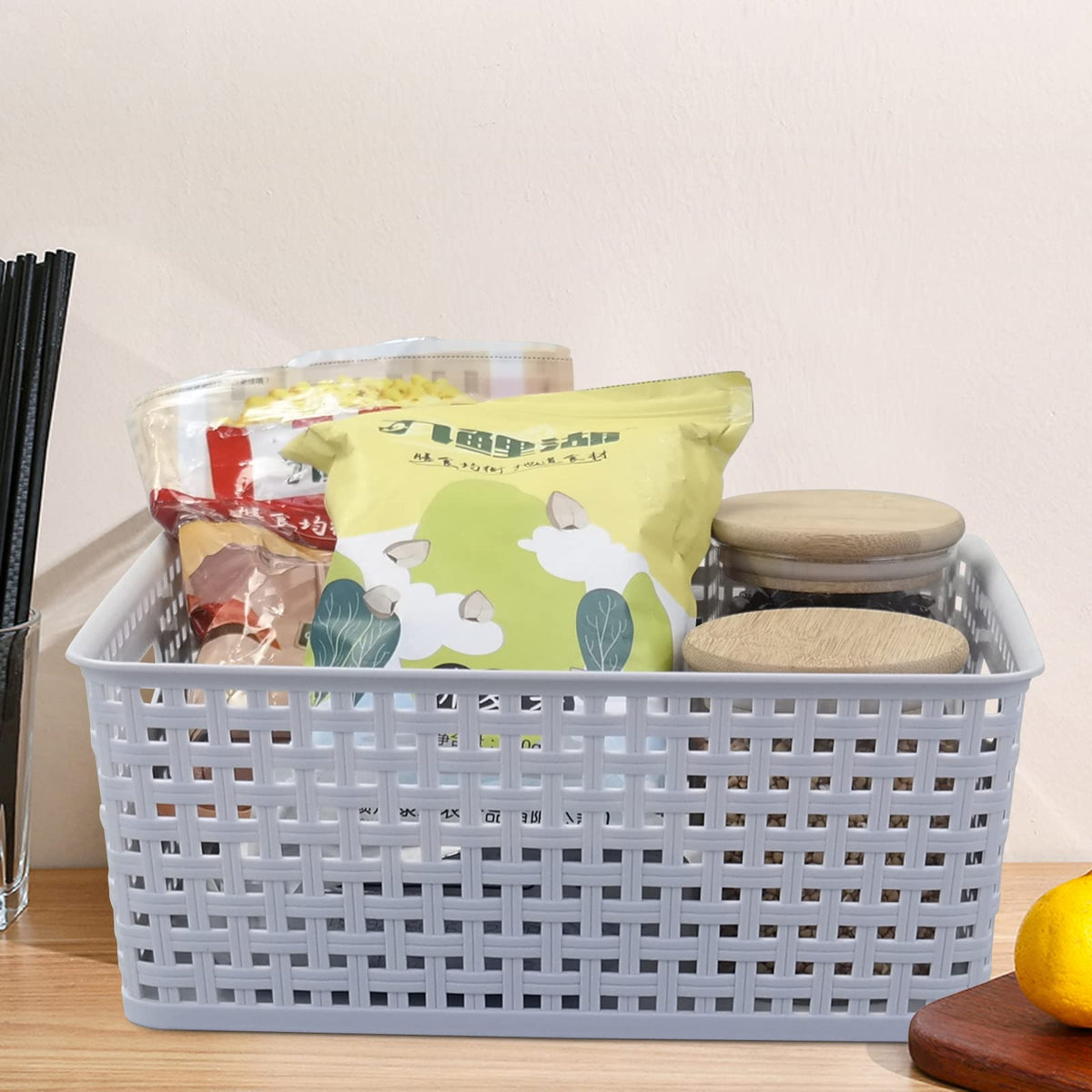 Nesmilers Plastic Weave Storage Basket Box, Storage Baskets Set of 6