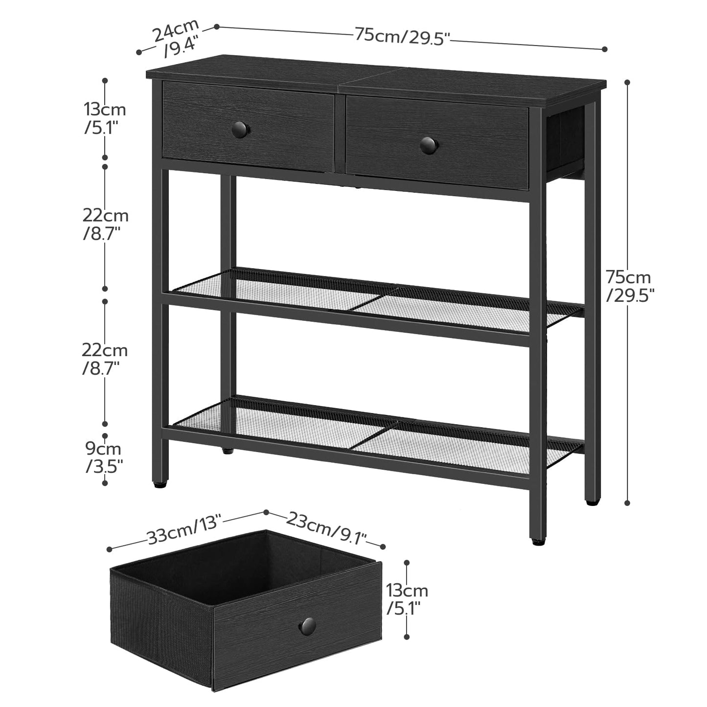 HOOBRO Console Table, Slim Console Table with 2 Non-woven Drawers, Hallway Table with Storage, Slim Sofa Table for Small Spaces, Living Room