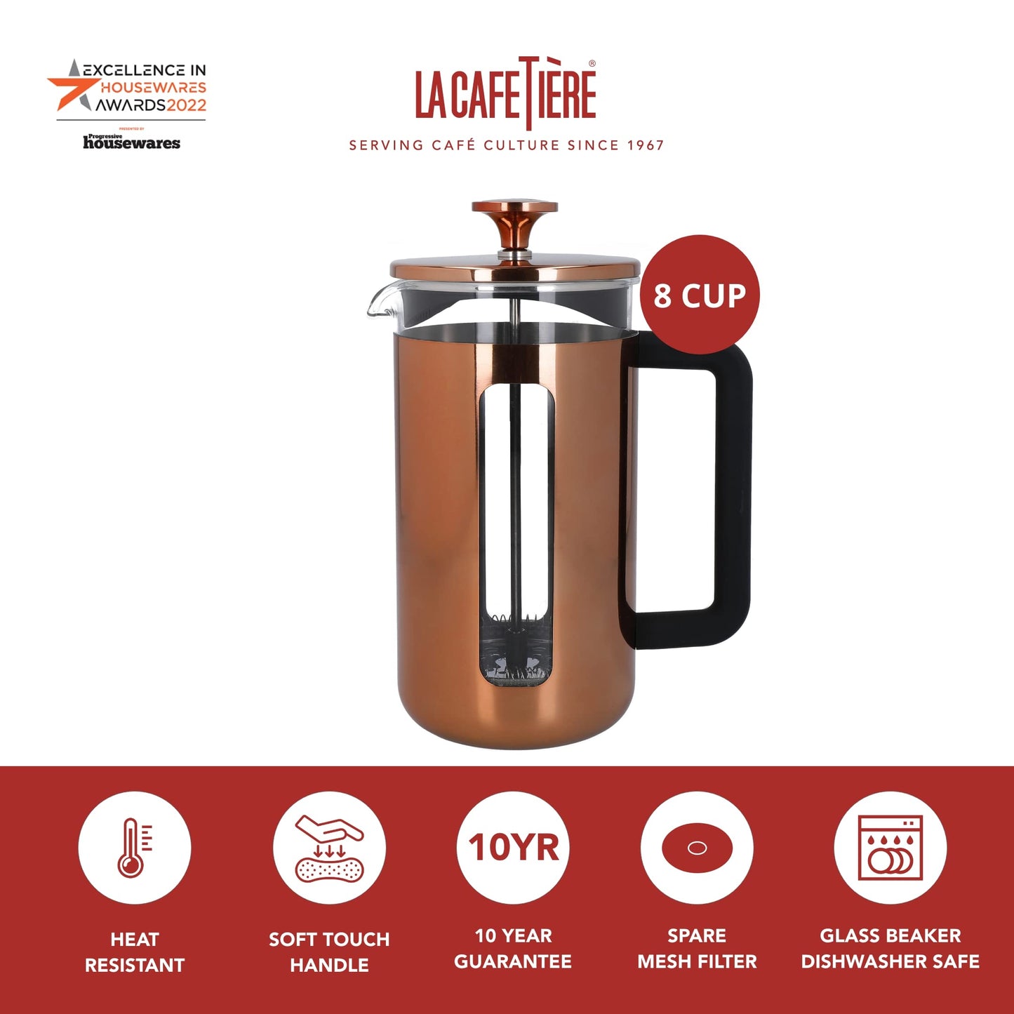 La Cafetire Pisa Stainless Steel Cafetire, Eight Cup, Copper, Gift Boxed