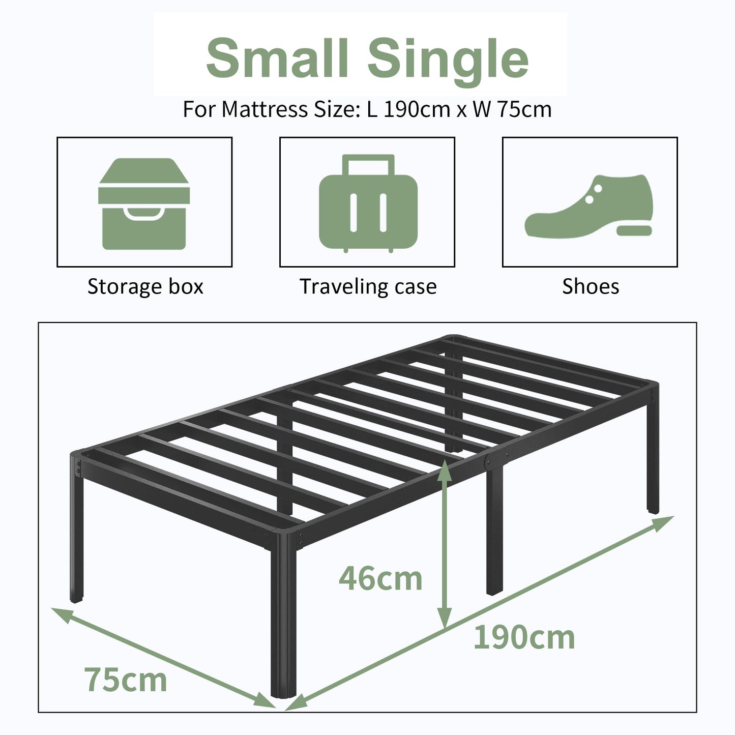 Lutown-Teen High Small Single Bed Frames 2ft6 with Rounded Corner Legs, Heavy Duty Metal Small Single Bed Frame 46 cm High, Noise Free, Easy Assembly