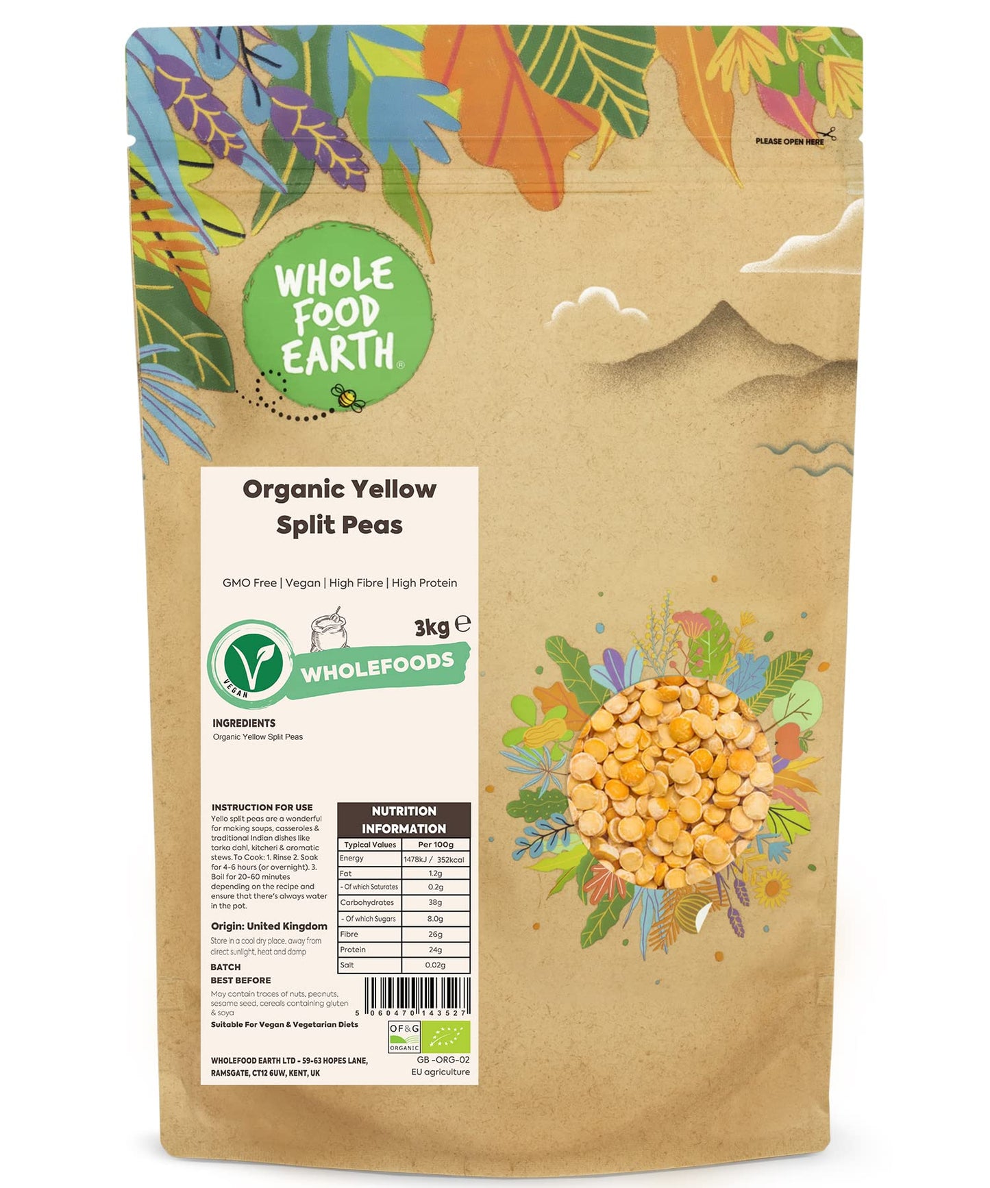 Wholefood Earth Organic Yellow Split Peas 3kg GMO Free | Vegan | High Fibre | High Protein | Certified Organic