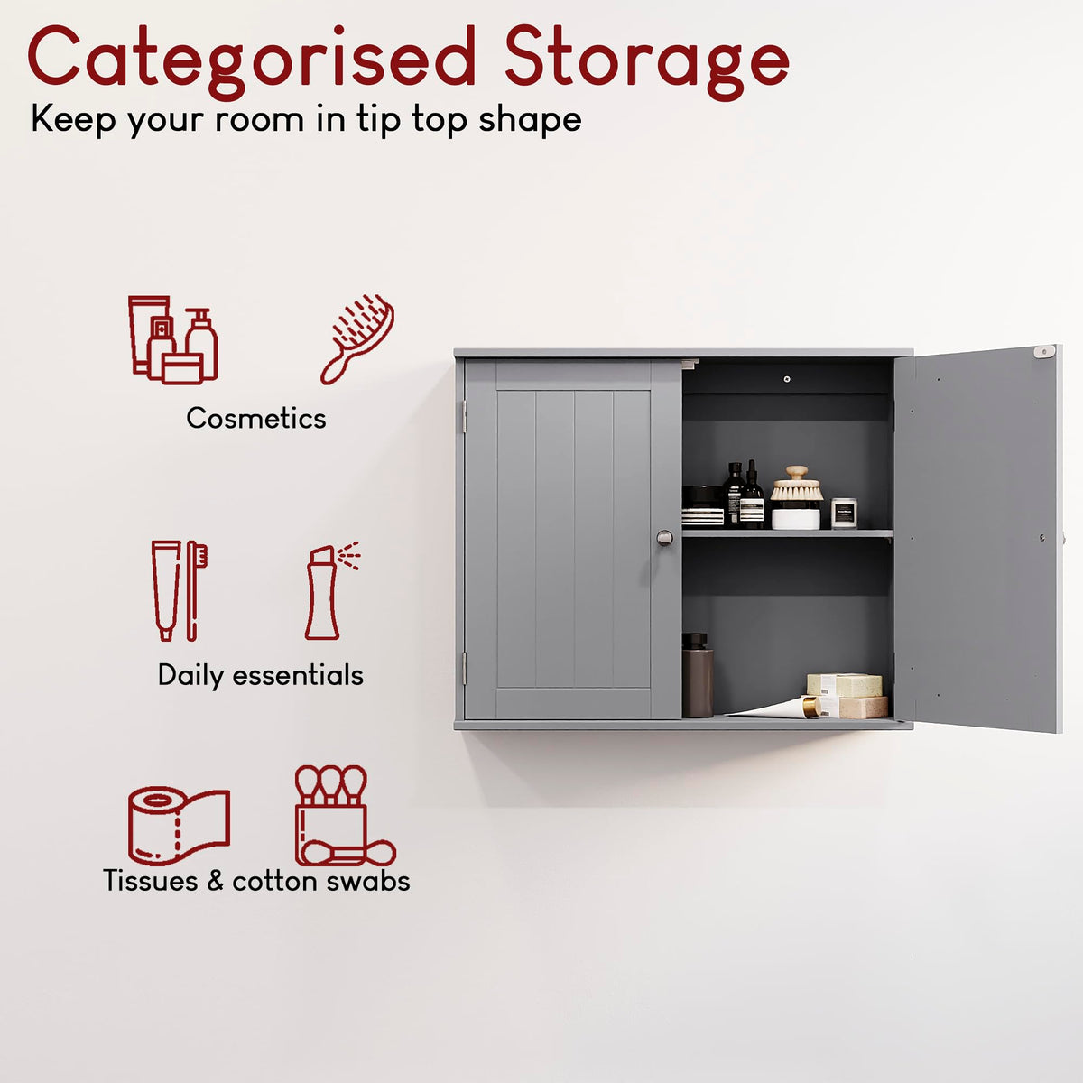 Bath Vida Priano Bathroom Cabinet Double Door Wall Mounted Storage Shelf, Grey