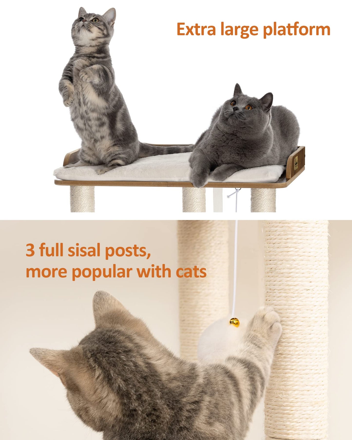 FourFurPets Cat Scratching Post 68 cm High with Three 60 cm Full Sisal Scratching Posts 56 x 40 cm Platforms Vintage Brown