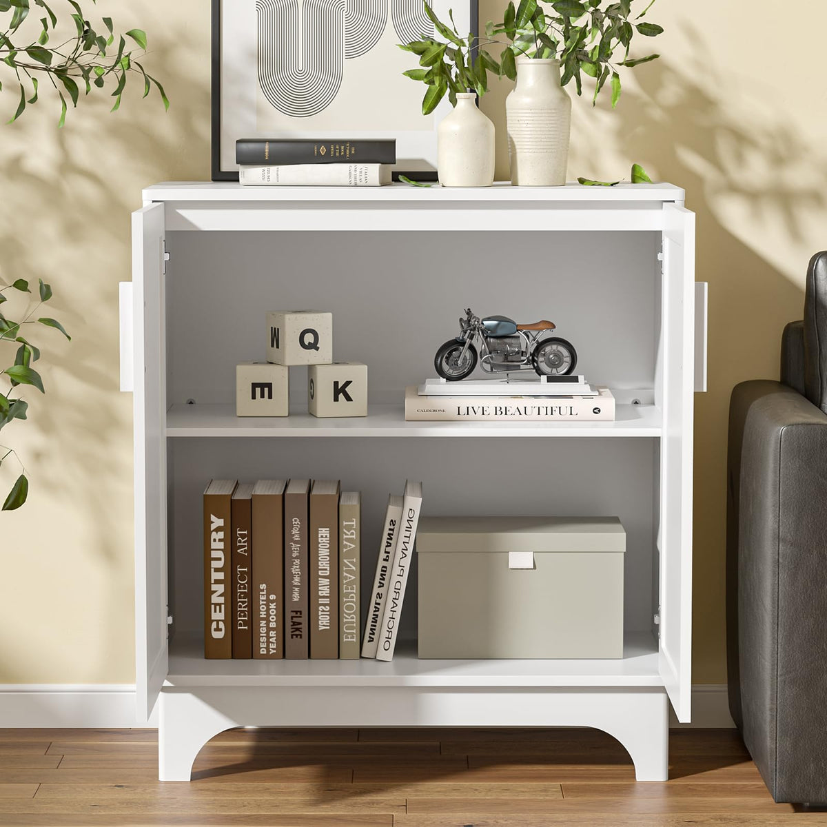 Yvsevnr White Sideboard Wooden Buffet Storage Cabinet for Living Room, Rattan Kitchen Cupboard with Adjustable Shelf, Magnetic Closure