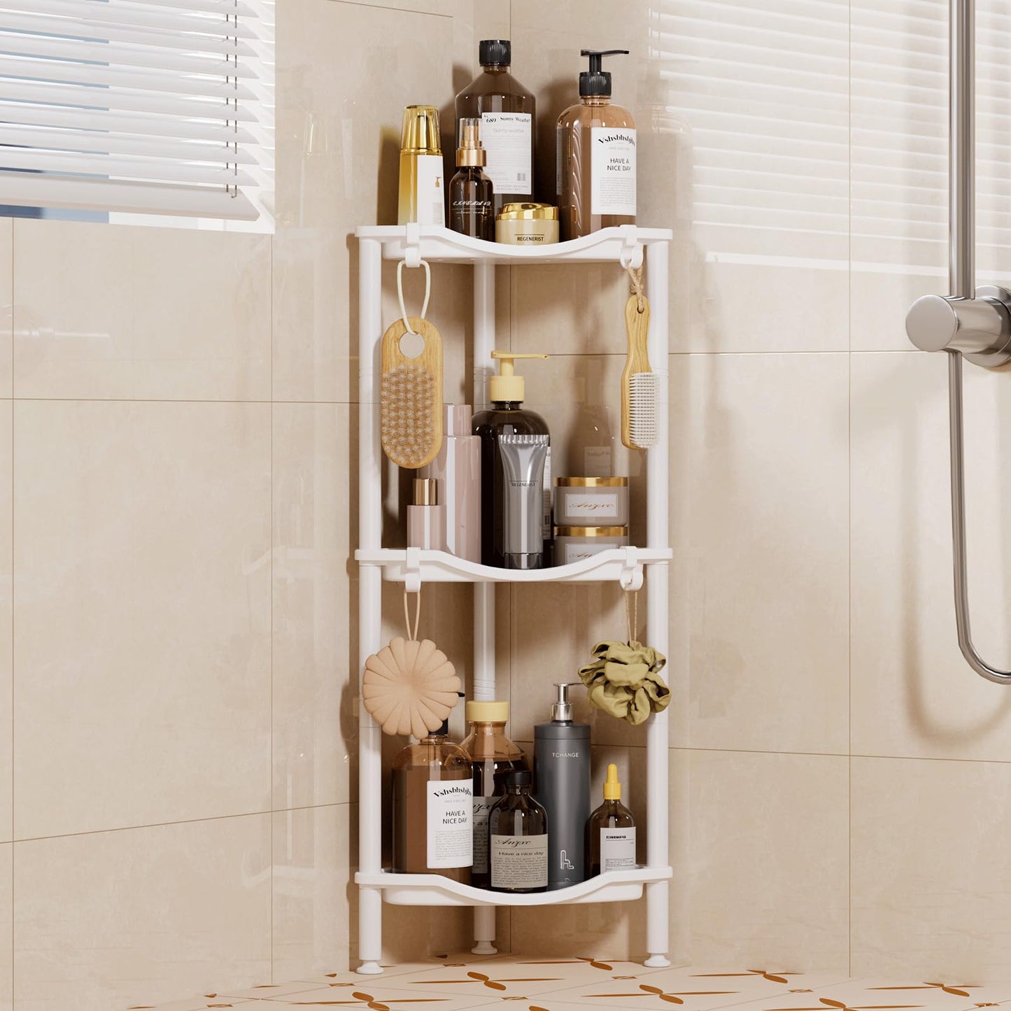 Lifewit 3 Tier Corner Floor Standing Shower Caddy Rack with Hooks, White