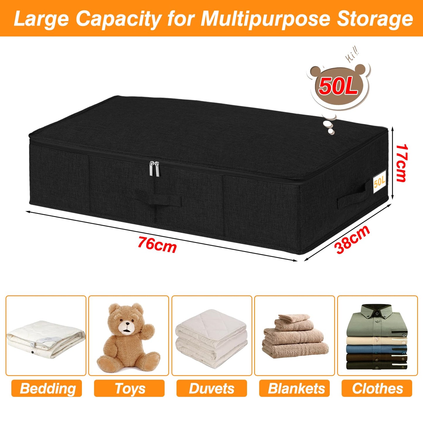 Underbed Storage Box with Lids, 3 Pack Under-Bed Storage with Side & Bottom Support & 3 Handles, Large Foldable Fabric Under Bed Clothes Storage for