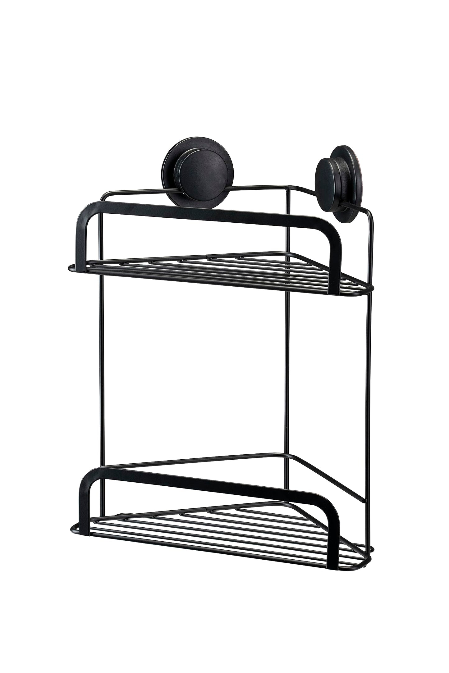 Croydex Stick 'N' Lock Two Tier Black Shower Caddy - Corner Shower Shelf No Drilling Bathroom Storage Solution with Sticky Pad Easy-Clean 5 Year