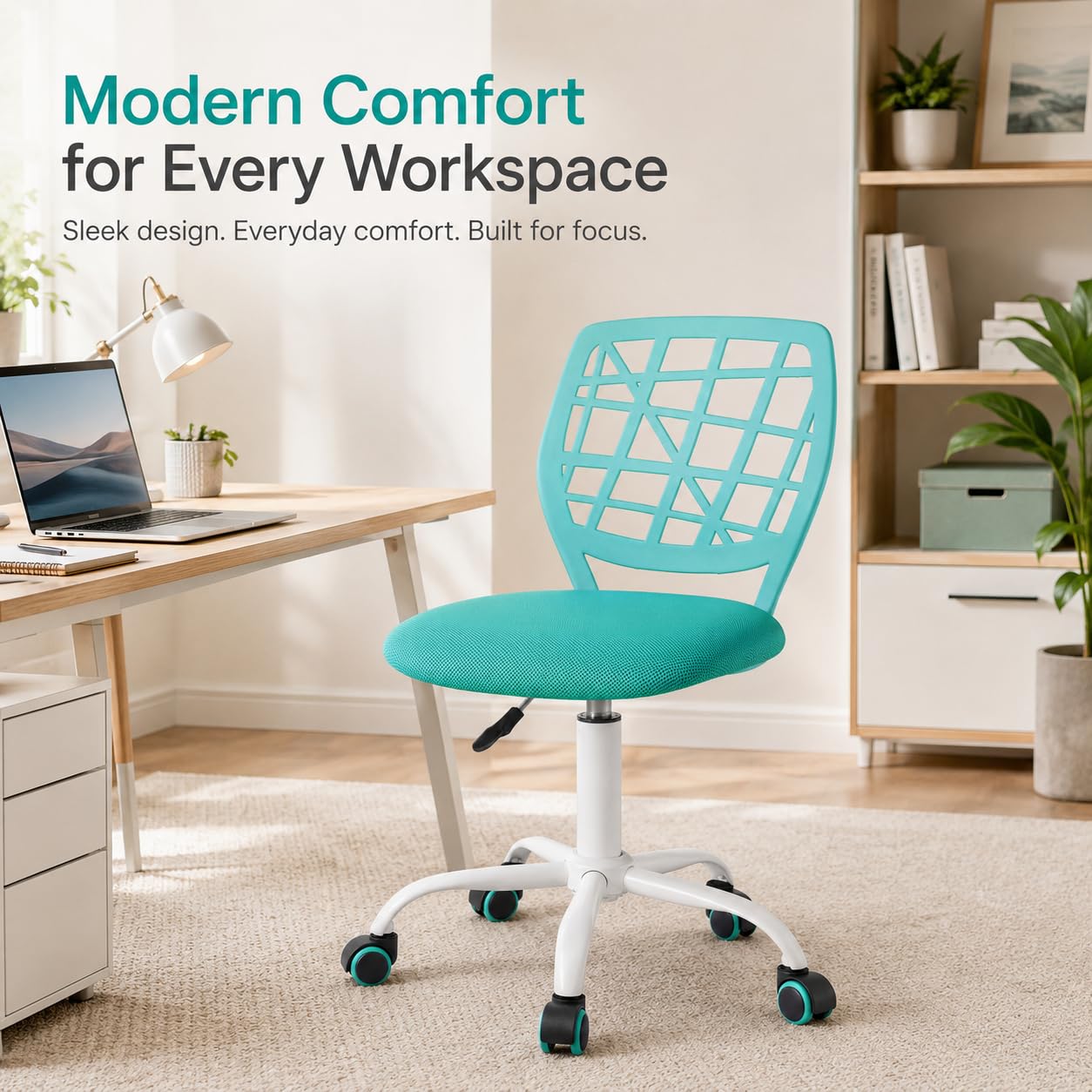 Homy Casa Desk Chair Linen Fabric Seat Ergonomic Swivel Task Chair without Armrest Adjustable Height Office Chair Home Office for Kids Teens, Aqua I