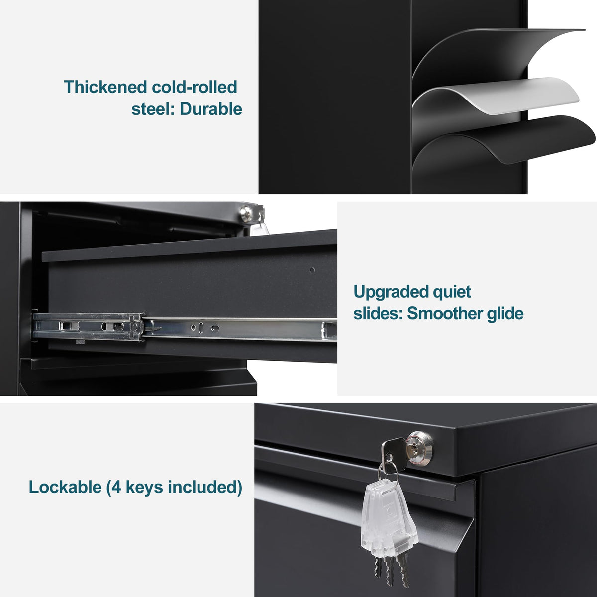LVSTEEL Mobile Filing Cabinet, Under Desk 4-Drawer Lockable Cabinet with Wheels, Filing Cabinets for Home Office, Pre-Assembled, Black