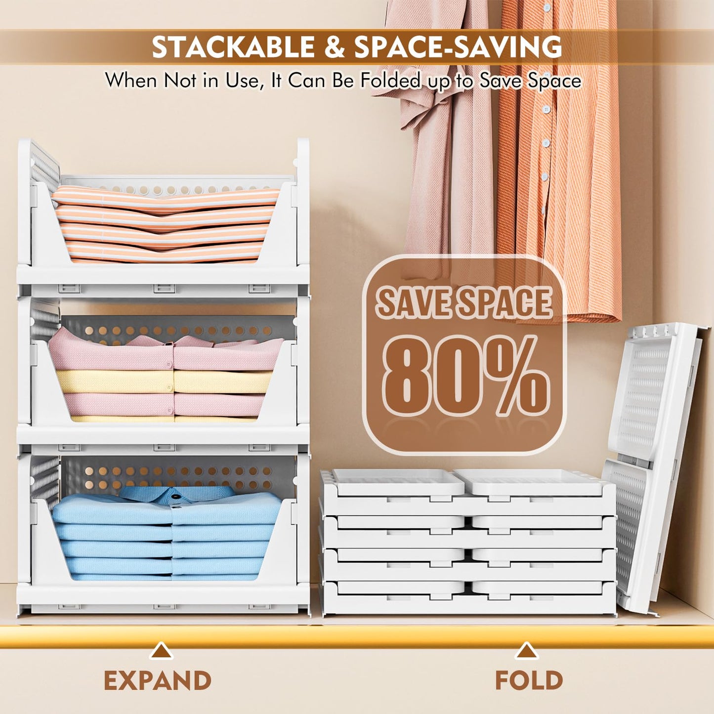 TidyIsles Wardrobe Storage Organiser - 5 Pack Folding Closet Organisers, Stackable Storage Boxes, Plastic Drawer Organiser Basket for Bedroom Kitchen
