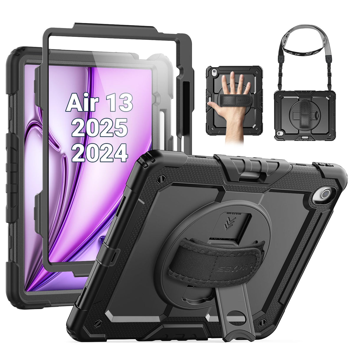 SEYMAC Case for iPad Air 13-inch 2025/2024 M3/ M2, Shockproof Heavy Duty Cover with Screen Protector/ 360 Degree Rotating Stand/Hand Strap/Pencil