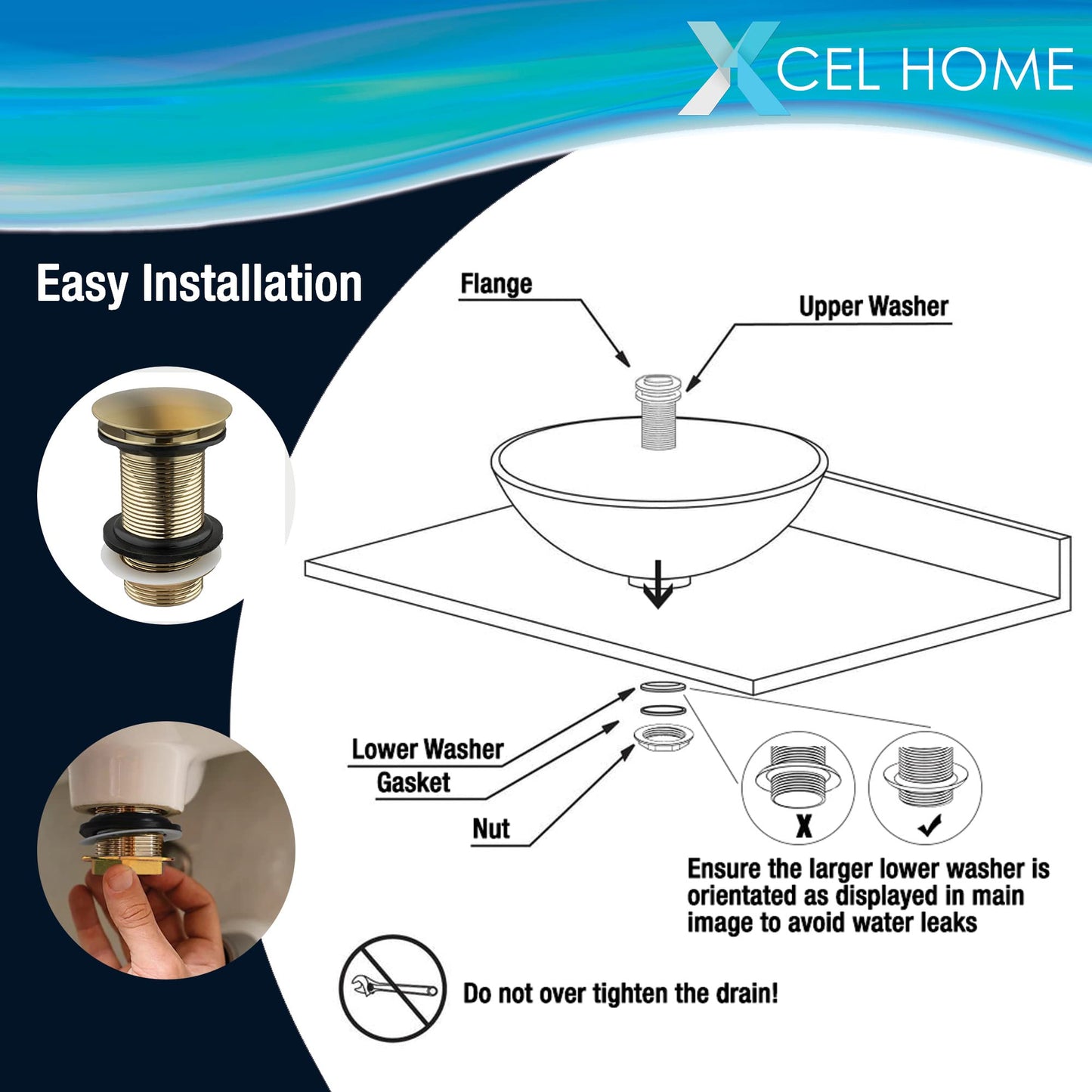 Xcel Home Brushed Gold Unslotted Click Clack Basin Waste | DIY Replacement Round Dome Shaped Brass Pop-Up Sink Plug for Bathroom Sinks & Basins