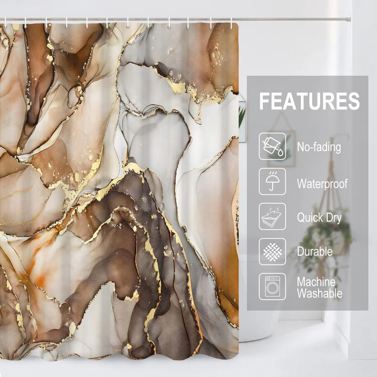 GCIREC Shower Curtain, 180x200cm, Brown Ombre Modern Abstract Art Marble Waterproof Fabric Machine Washable Bathroom Curtain with Hooks