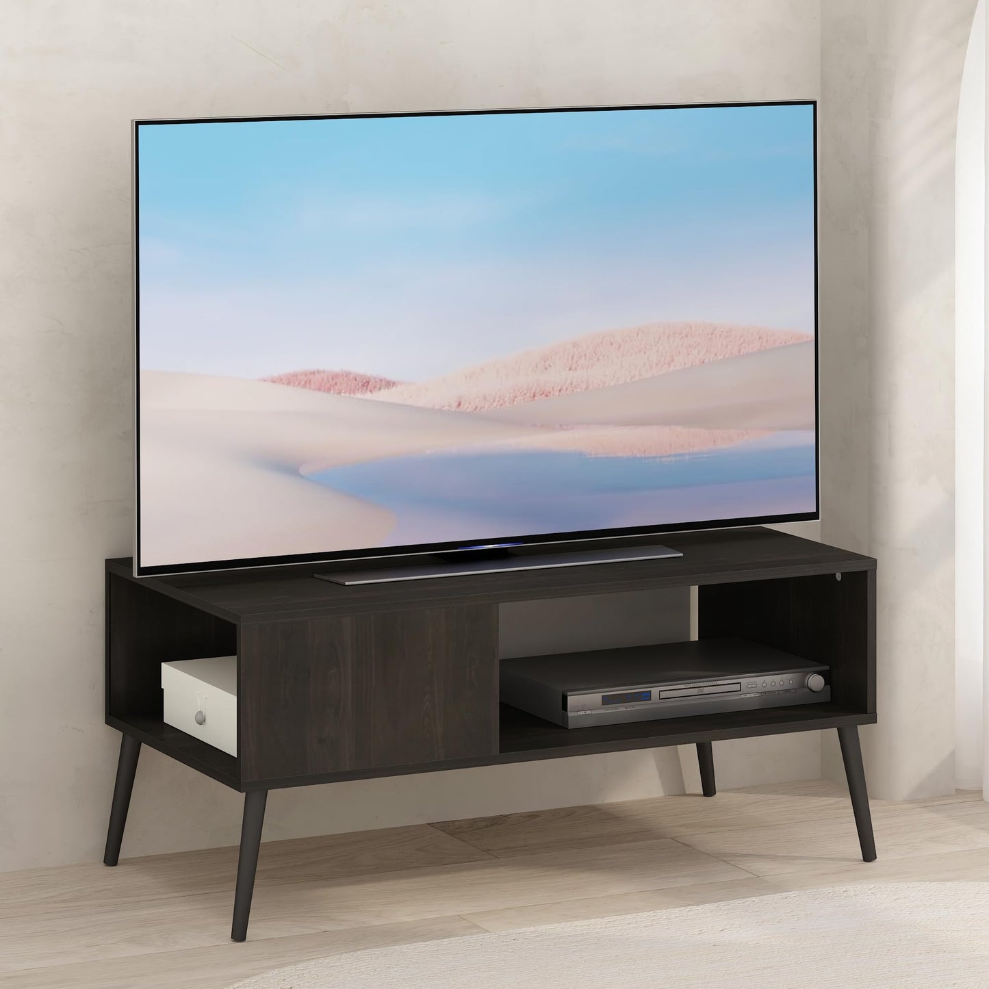 Furinno CLAUDE TV Stand, Mid Century Style Entertainment Center, TV Console for TV up to 40 Inch with Wood Legs, for Living Room, Bedroom, Espresso
