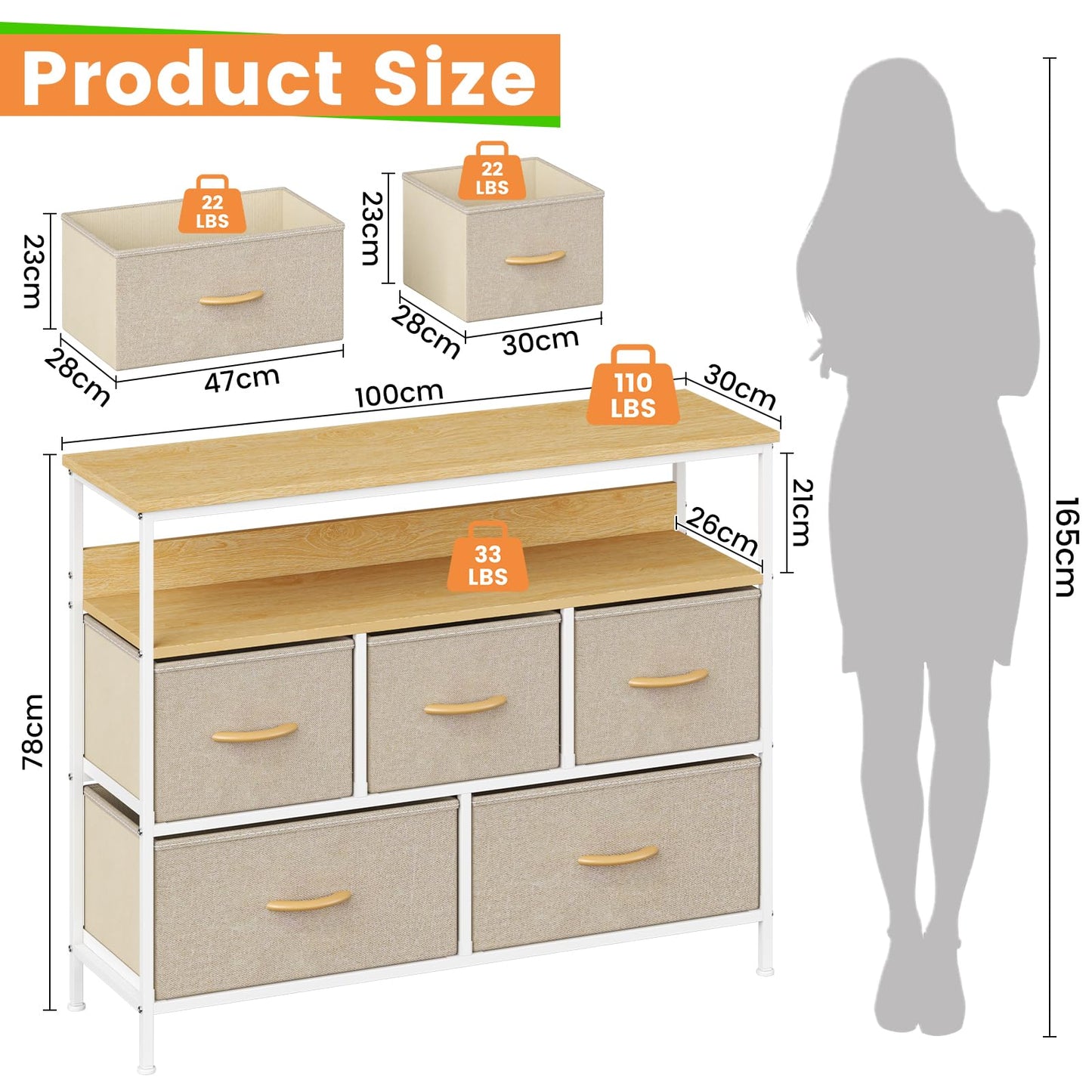 KU Syang 5-Drawer Chest of Drawers with TV Stand | Heavy-Duty Steel Frame & Scratch-Resistant MDF Top