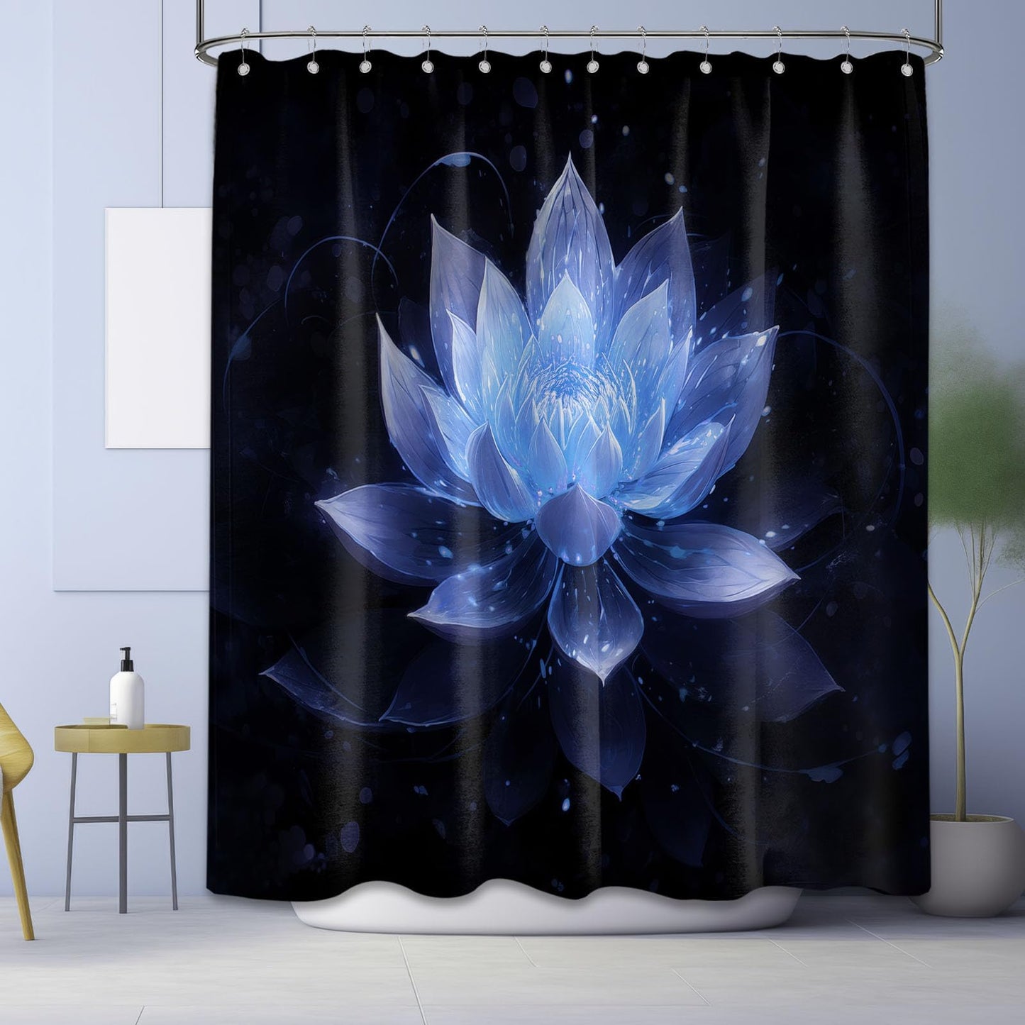 LanZanthic Lotus Shower Curtains for Bathroom Black and Blue Floral Spa Zen Wet Room Shower Curtain, Washable, Waterproof, Cloth Fabric, 180 x 200 cm