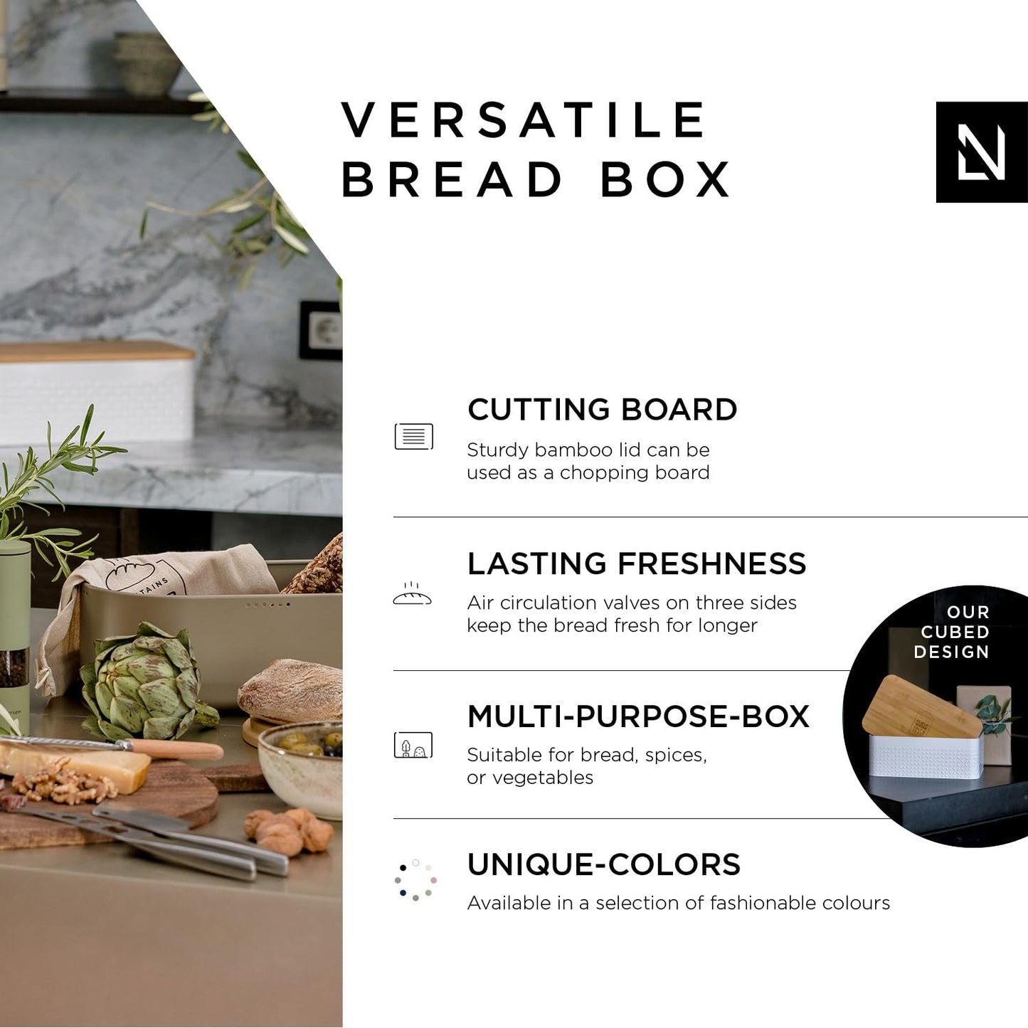 LARS NYSM Bread Box I Metal bread box with linen bag for long lasting freshness I Baked goods Bin with bamboo lid usable as cutting board I