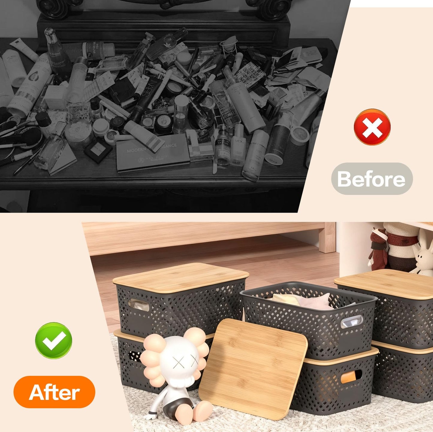 6 Pack Stackable Plastic Storage Boxes with Bamboo Lids & Handles, Ventilated Mesh Baskets for Kitchen/Bathroom Storage