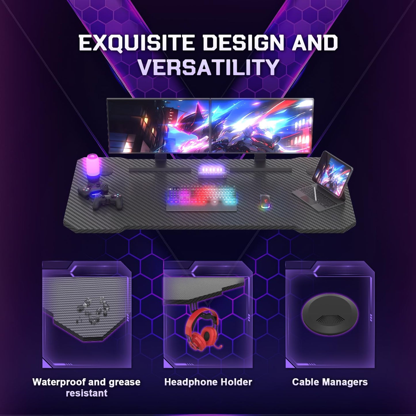 JUMMICO Gaming Desk 120 x 60 cm, Z Shaped Gaming Table Computer Desk PC Gamer Desk for Home Office, Gaming Desk with Headphone Hook, Black