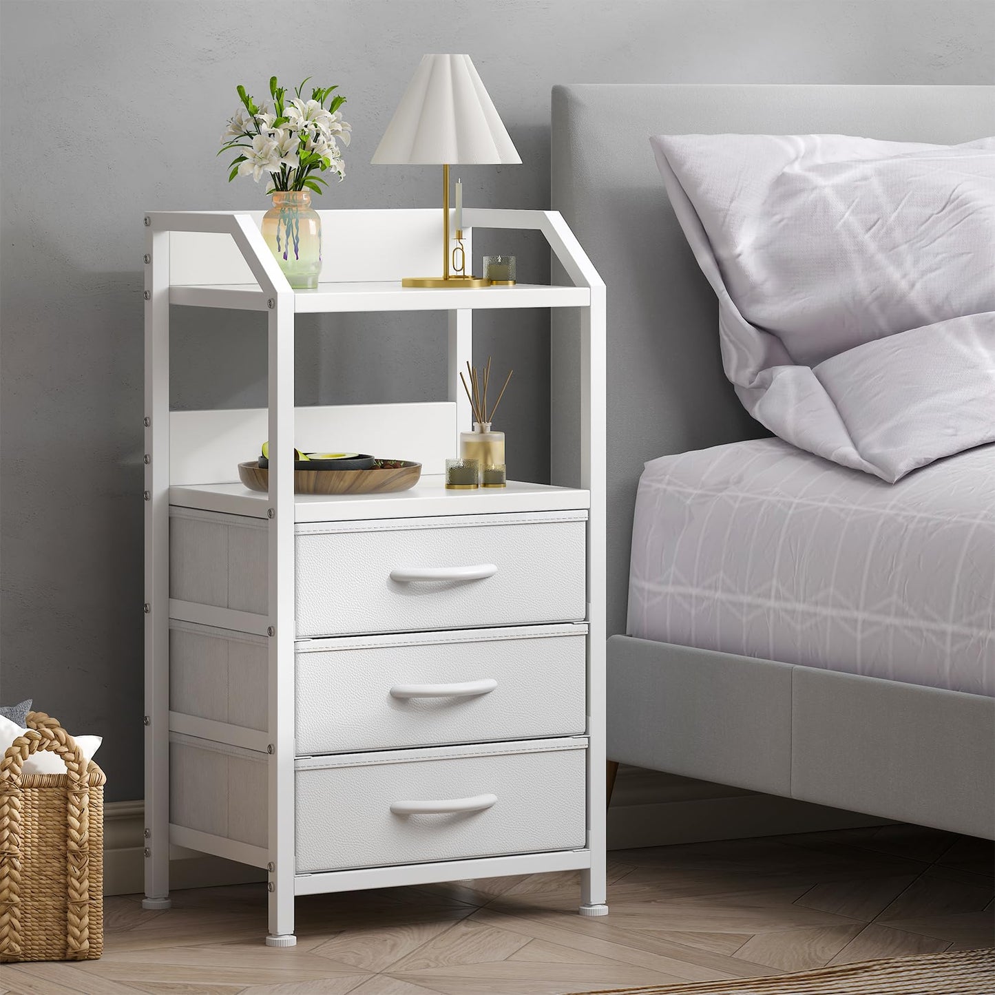 Feonase Bedside Table with 3 Fabric Drawers and Open Shelf, Nightstand for Bedroom, Living Room, Small Spaces – Metal Frame & Wooden Top