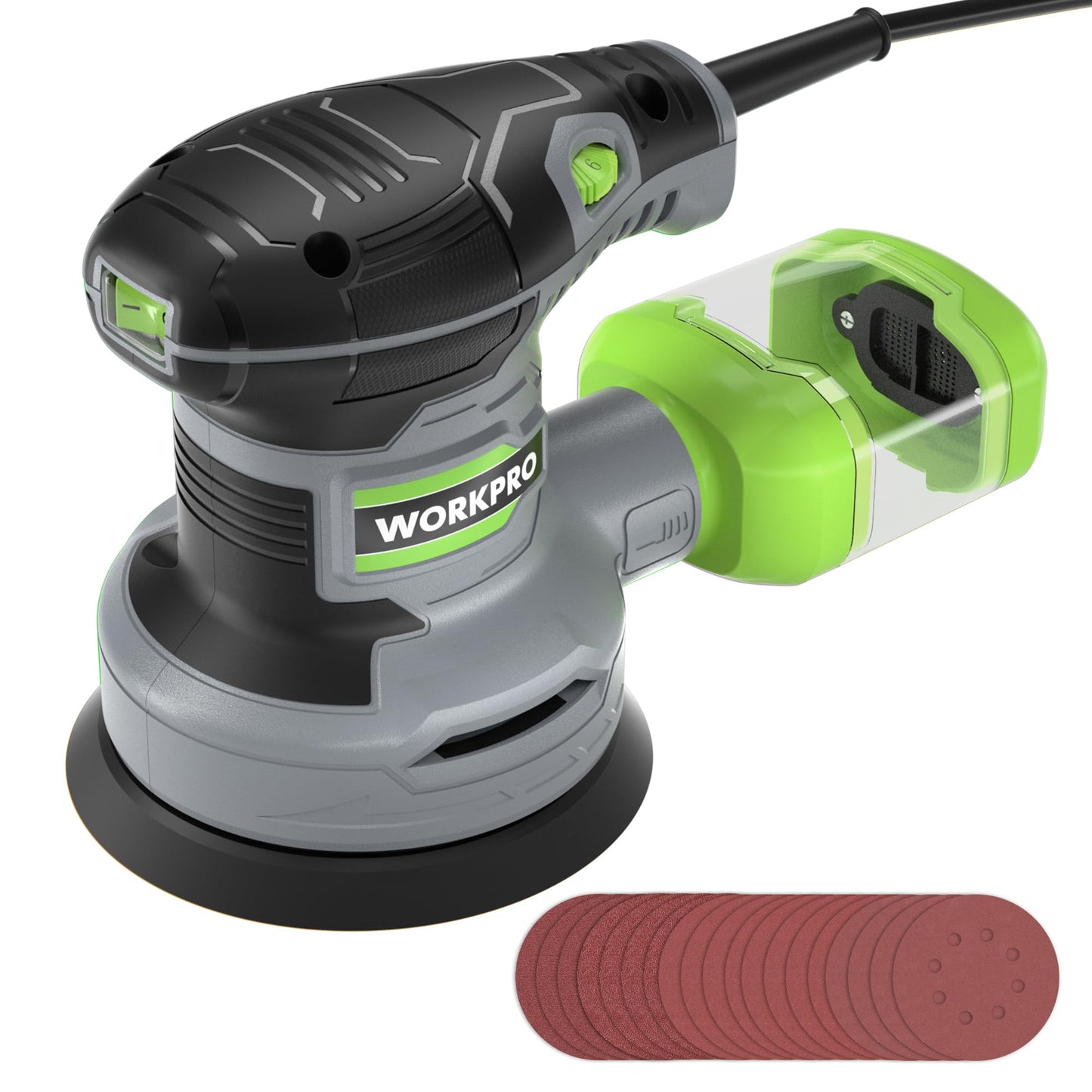WORKPRO Orbital Sander with 20Pcs Sandpapers, 300W 125mm Random Orbit Sander, 6 Variable Speed 13000 RPM, Electric Sanding Machine with Dust