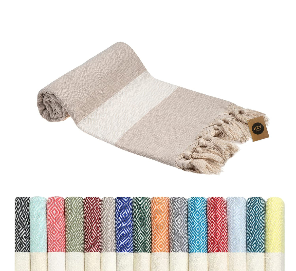 KZY LONDON Beach Towel - Large Turkish Beach Towels for Camping, Swimming, Bath, Gym, Picnic - Quick Dry, Super Absorbent, Lightweight, Compact Cotton