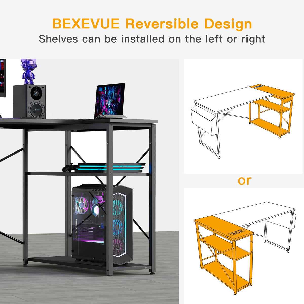 BEXEVUE L Shaped Gaming Desk, 100x70 cm Computer Desk with Storage Bag, Office Desk Small Writing Table with Large Reversible Storage Shelves,